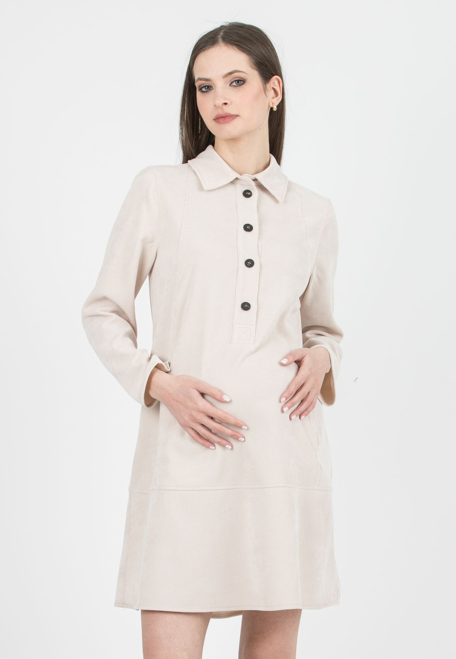 GRETA – Abito Camicia Premaman & Allattamento in Velluto (Naturale)