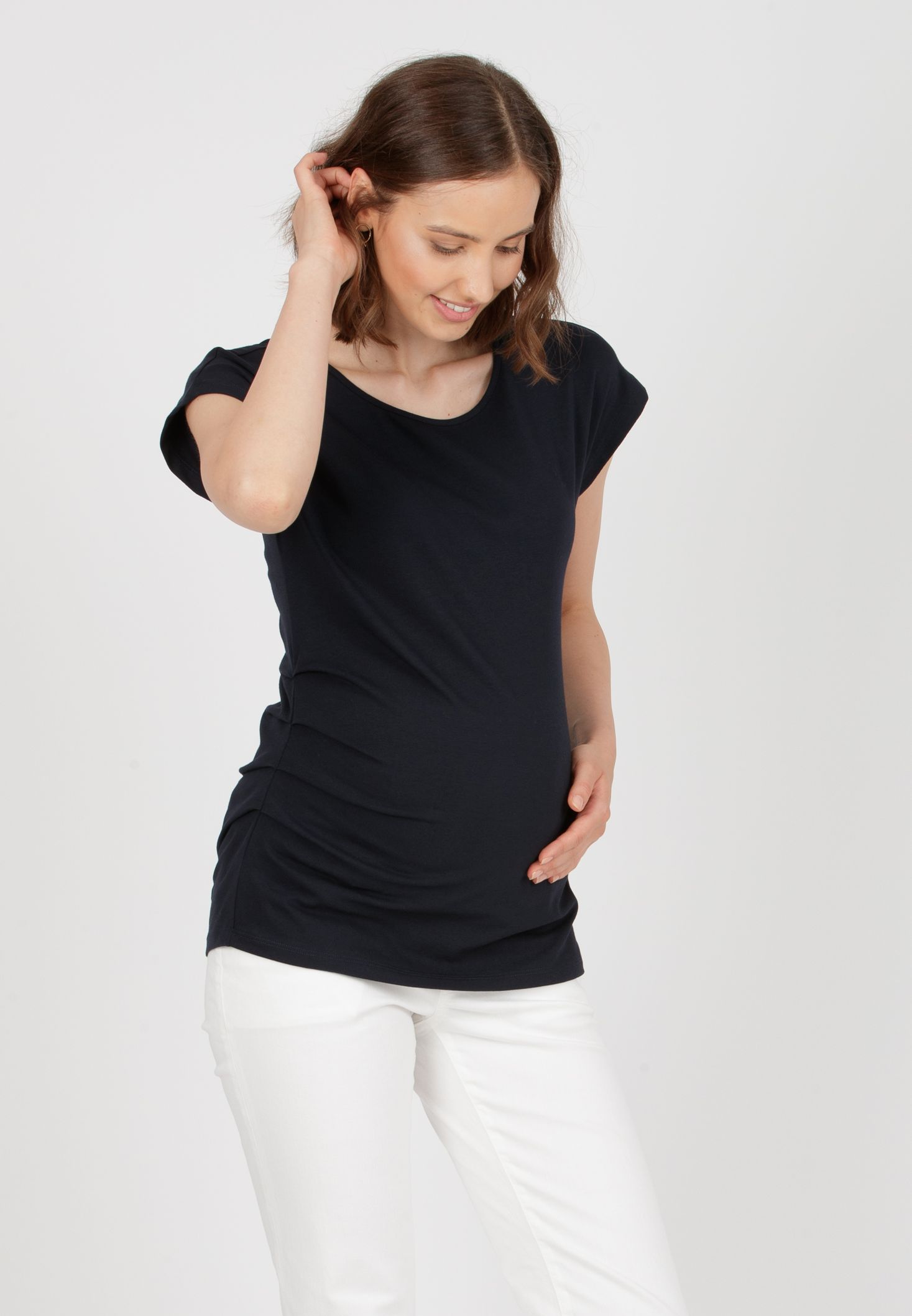 MARZIA - T-Shirt Premaman con Pieghe sul Fianco (Blu, XS)