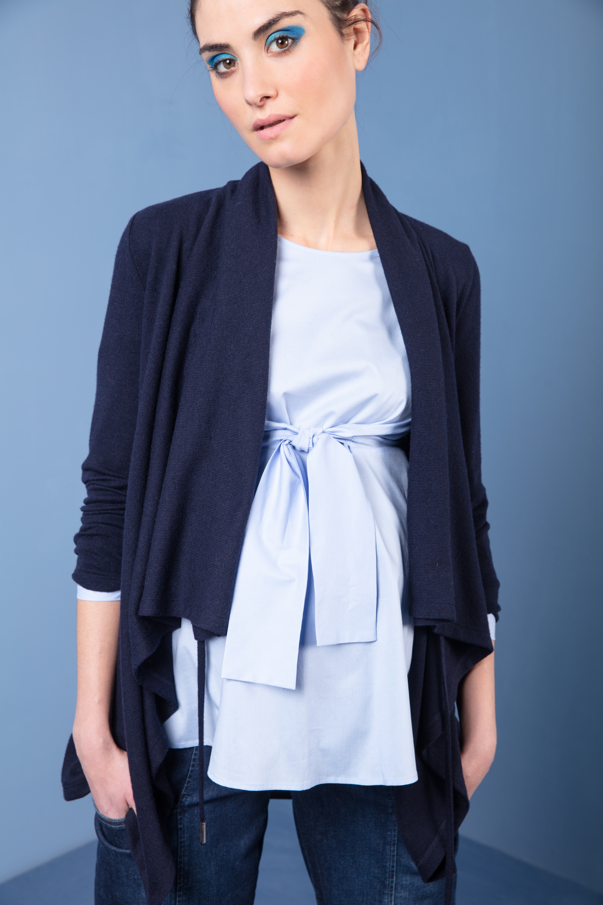 Cowl Neckline Maternity Maxi-Cardigan in Cashmere Blend (Blue, XS)