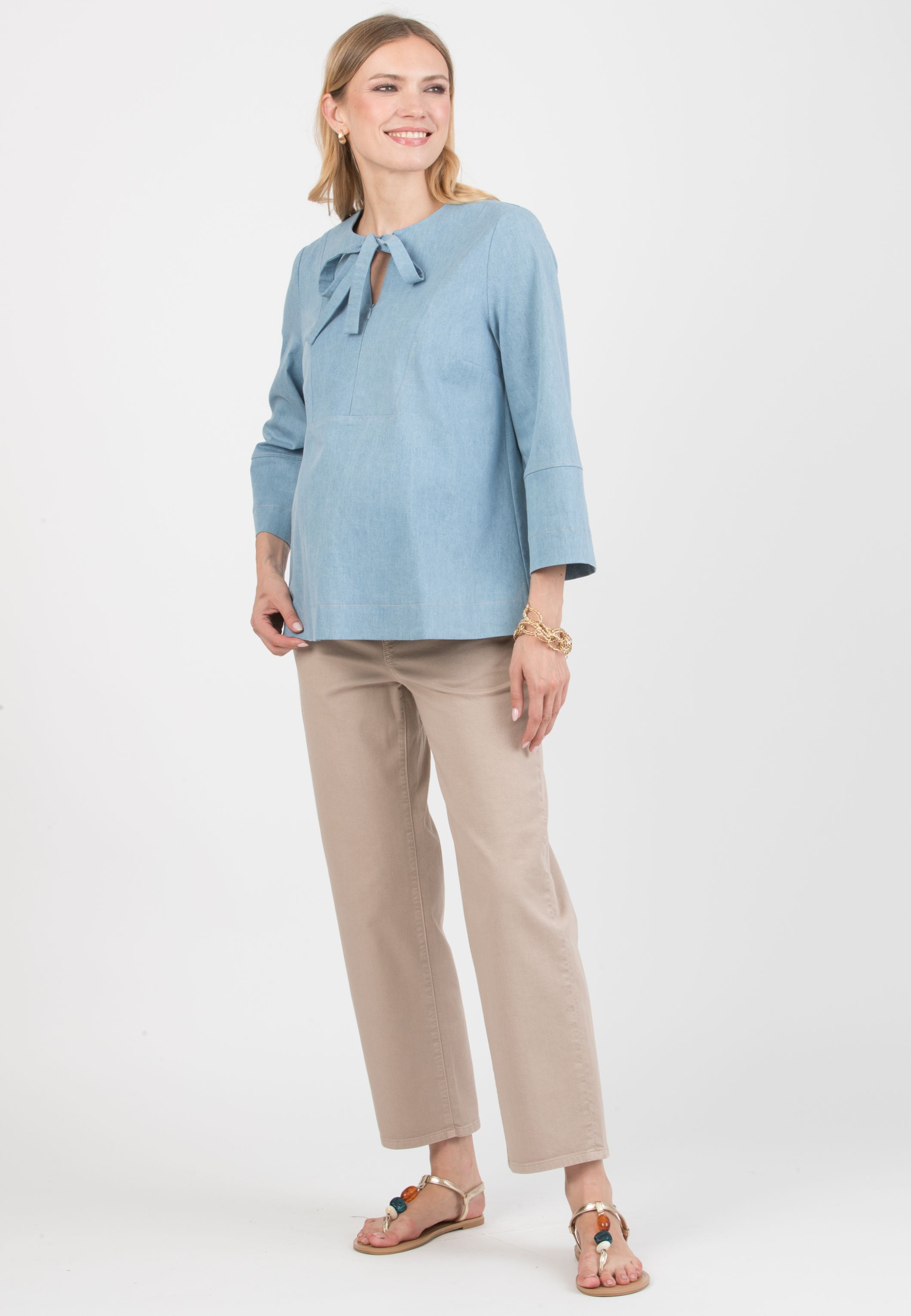DAISY - Casacca Premaman & Allattamento in Jeans Leggero Stretch con Fiocco (Azzurro)