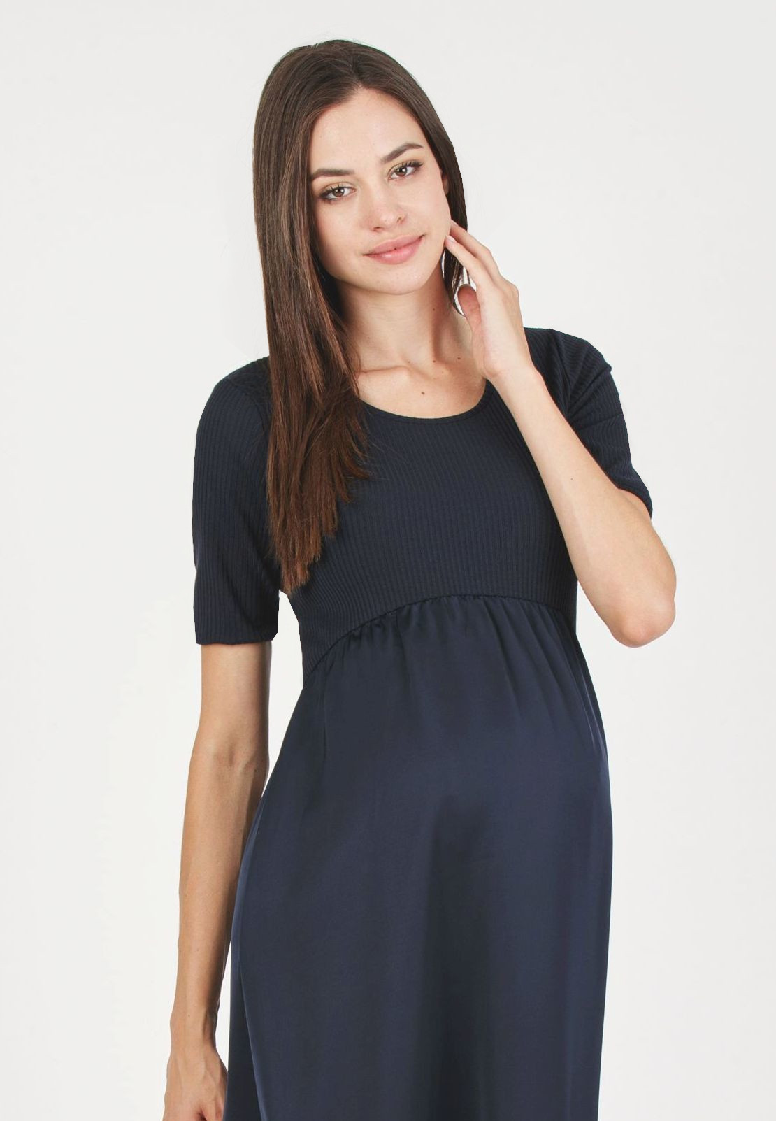 NASTIA - Abito Premaman in Costina con Gonna in Raso (Blu Scuro, XS)