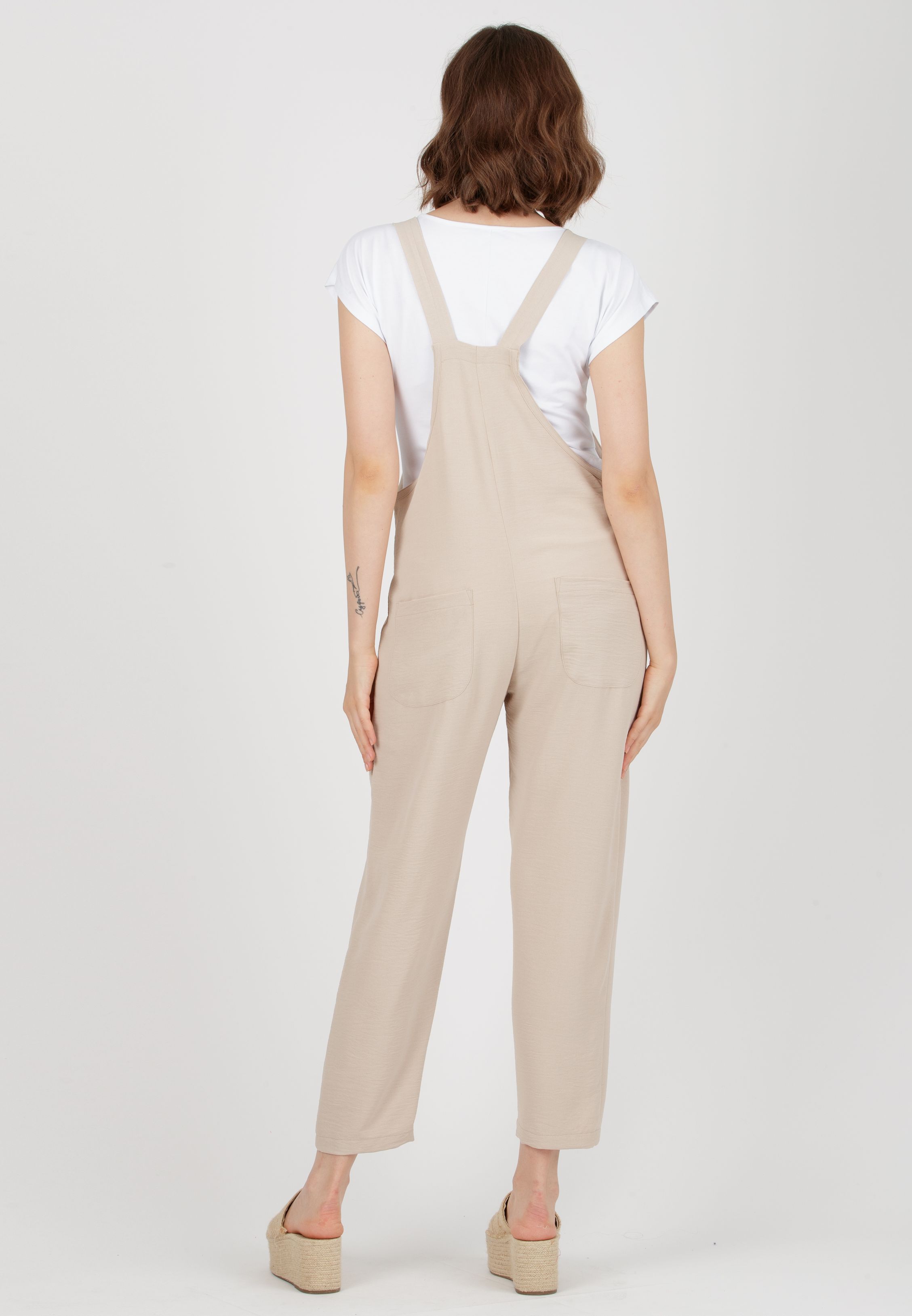 ESTER - Maternity Dungaree in Fluid Crepe Fabric (Beige, XS)
