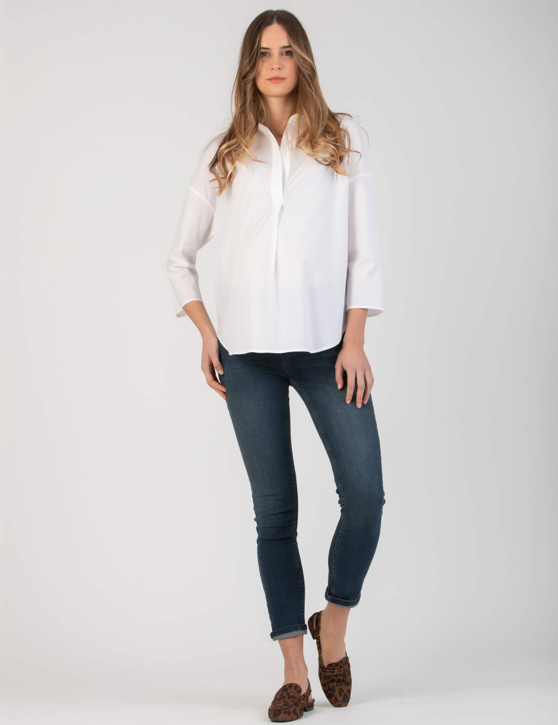 OLIVIA - Camicia Over Premaman in Popeline di Cotone Elasticizzato (Avorio, XS)