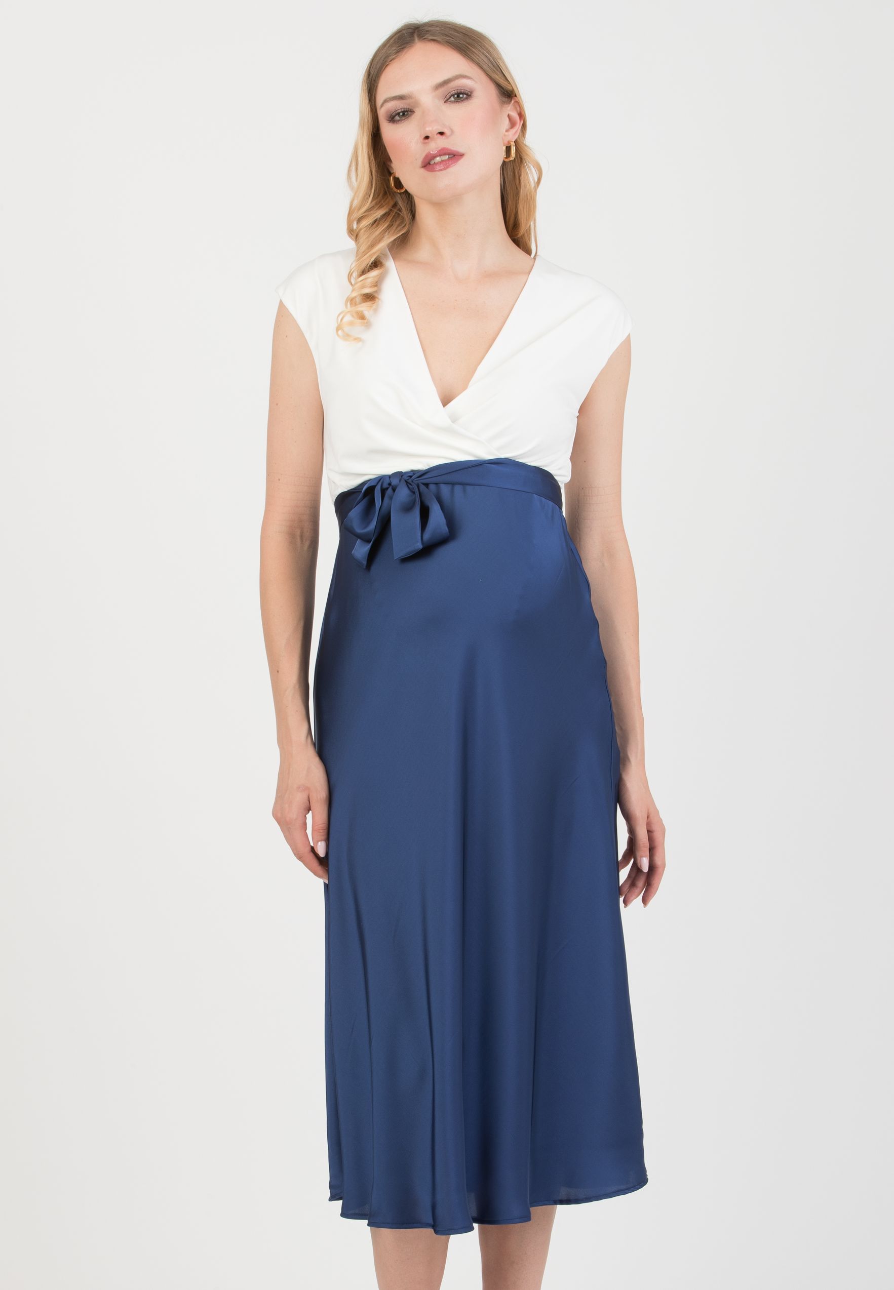 DILETTA – Maternity & Nursing Dress with Crossover Bodice and Satin Skirt (Denim)