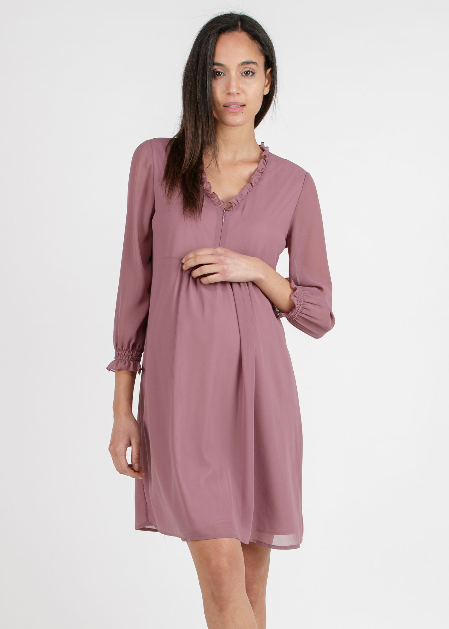 DIANA - Abito Premaman & Allattamento in Chiffon con Volant (Cipolla, XS)