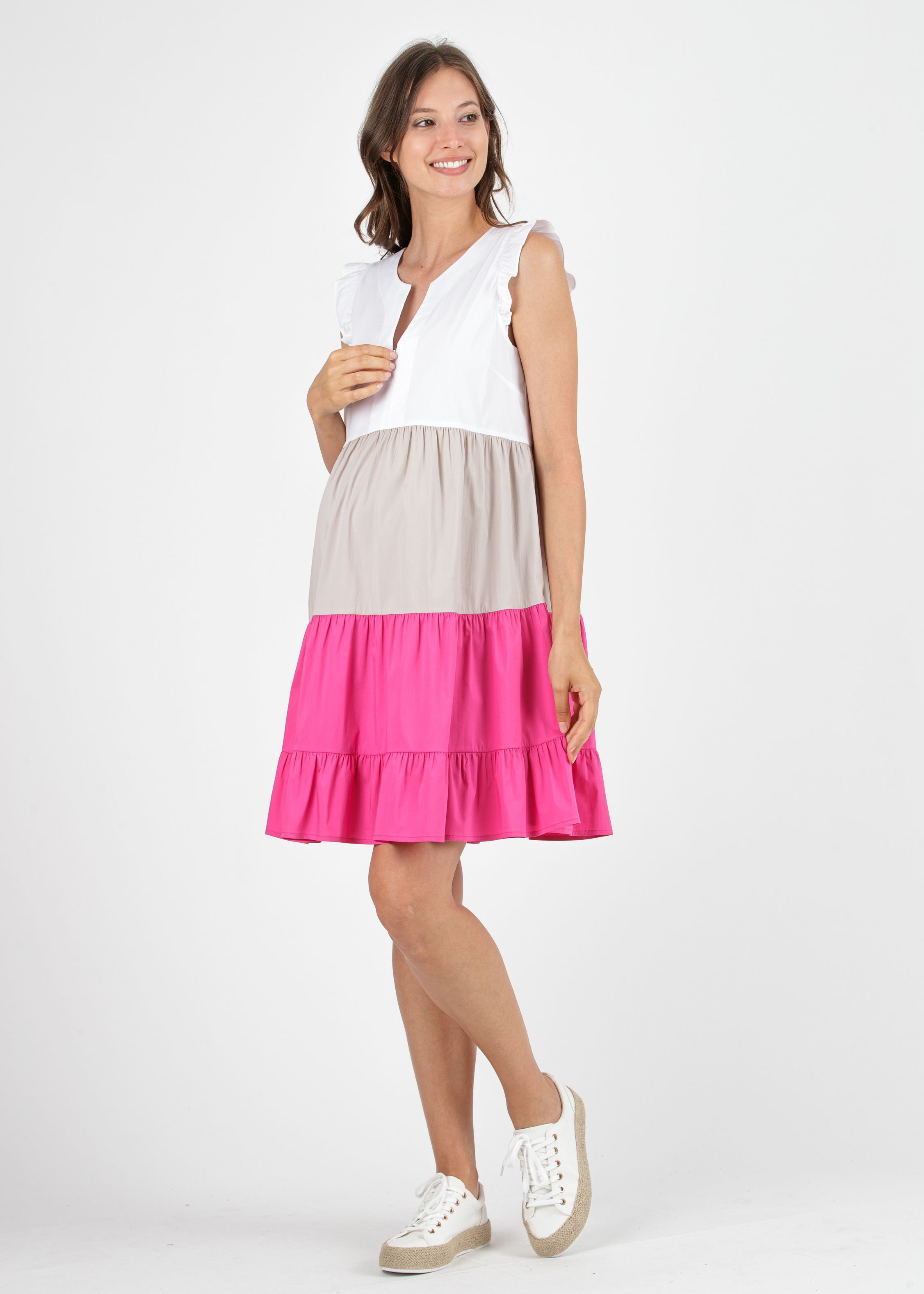 CHIARA - Maternity & Nursing Dress in Cotton in Three Colours with Flounces (Cyclamen, XS)