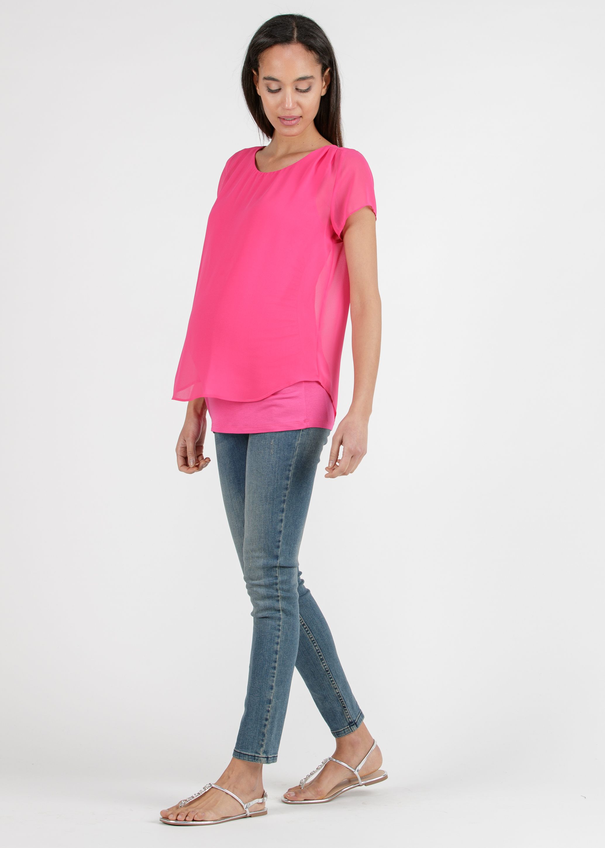 LAURA - Maglietta Premaman a Doppio Strato di Chiffon e Jersey (Fuxia, XS)