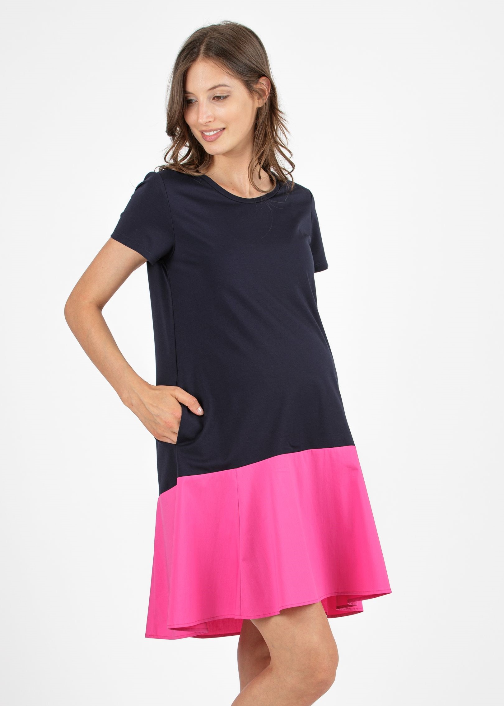 Maternity Dress in Light Punto Milano with Flounce (Blue, XS)