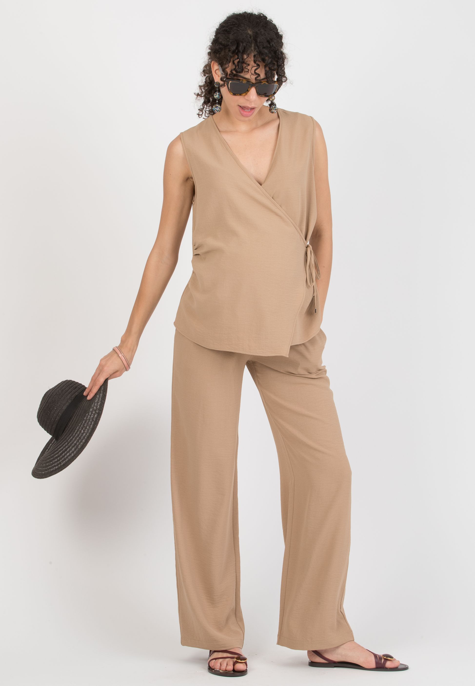 INES - Pantalone Premaman Fluido con Vita Bassa (Cammello)