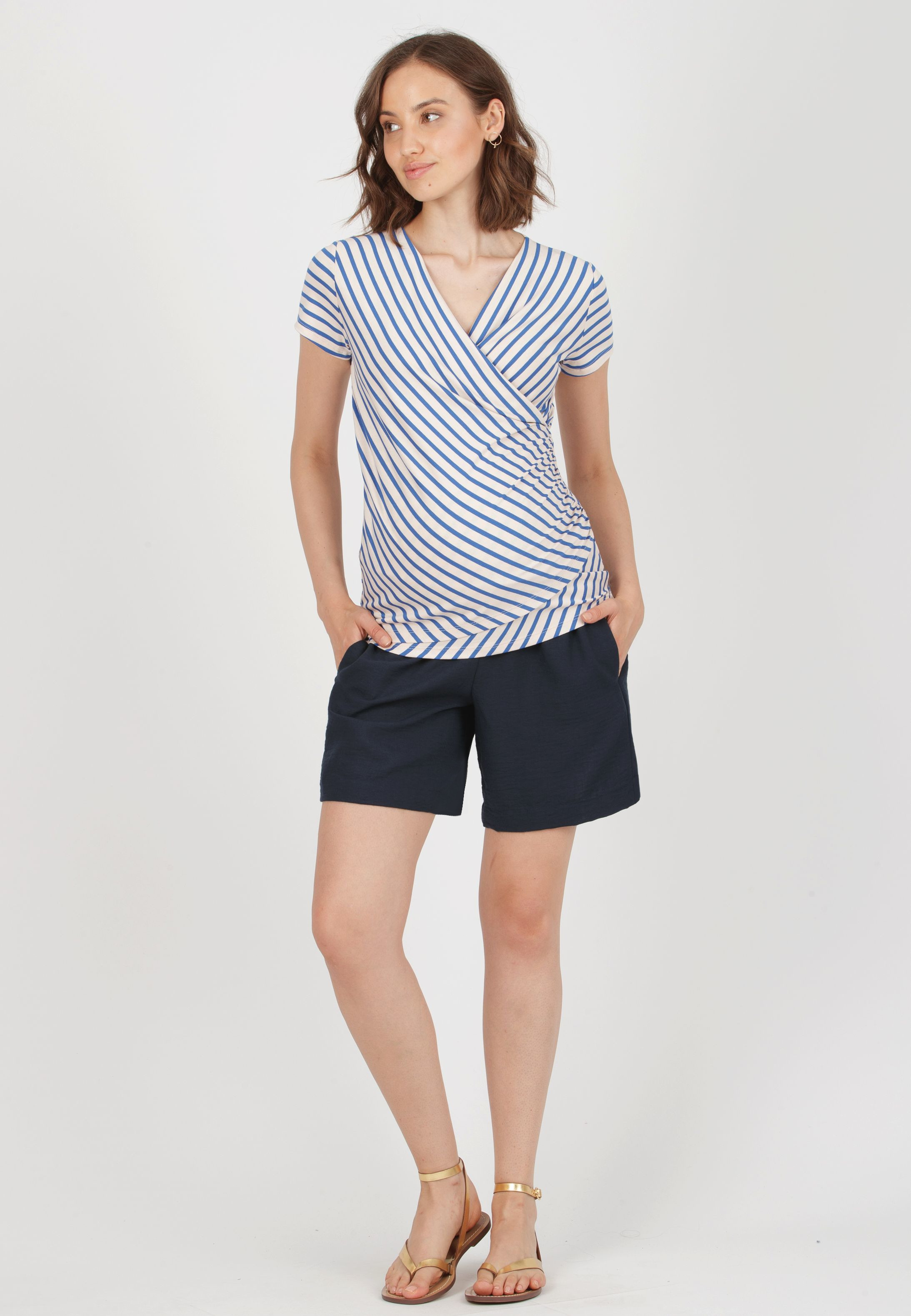 SIBILLA - Pantaloncino Premaman Effetto Lino con Elastico (Blu, XS)