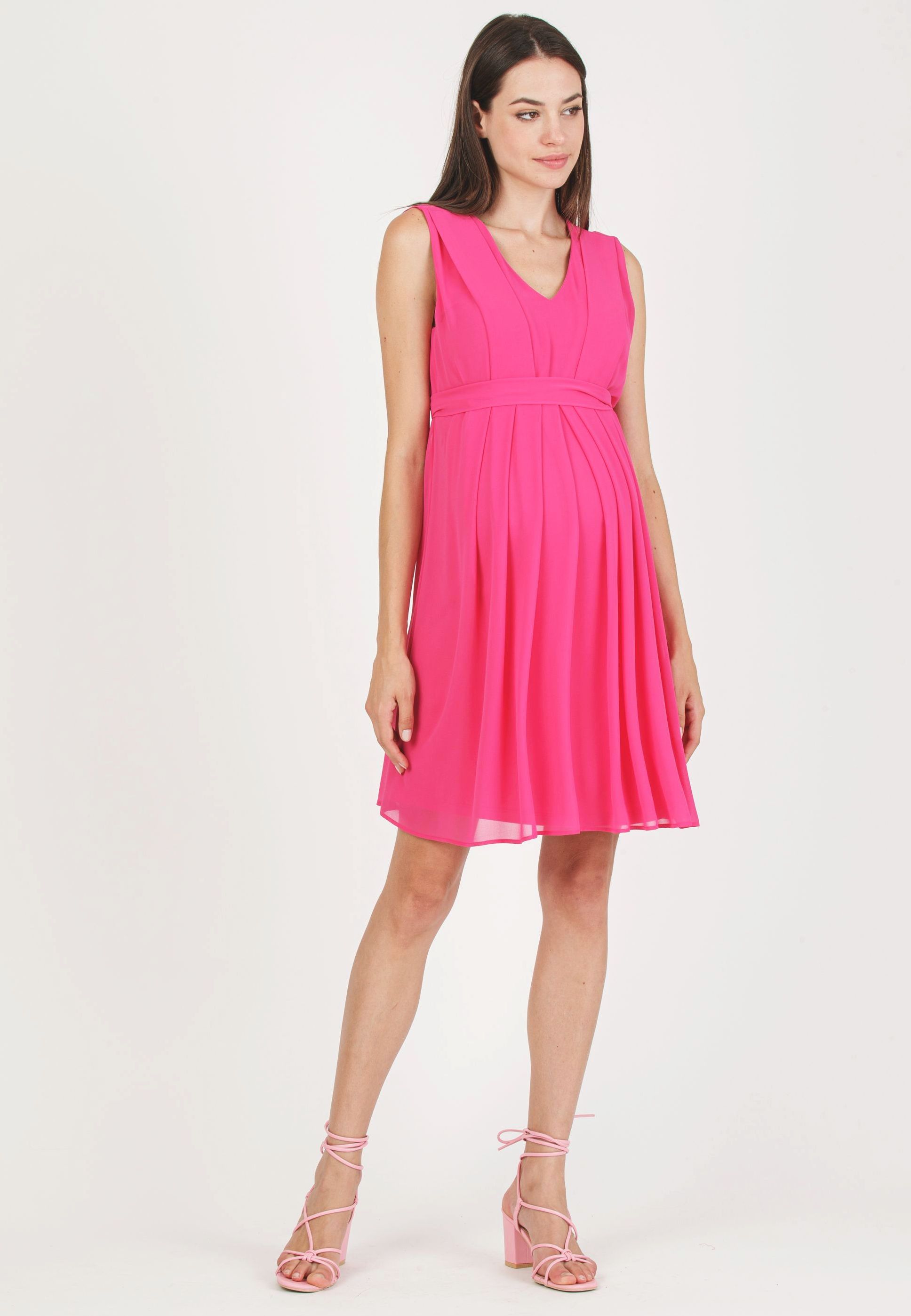 SABRINA - Maternity & Nursing Dress in Chiffon with Pleated Bodice (Fuchsia, XS)