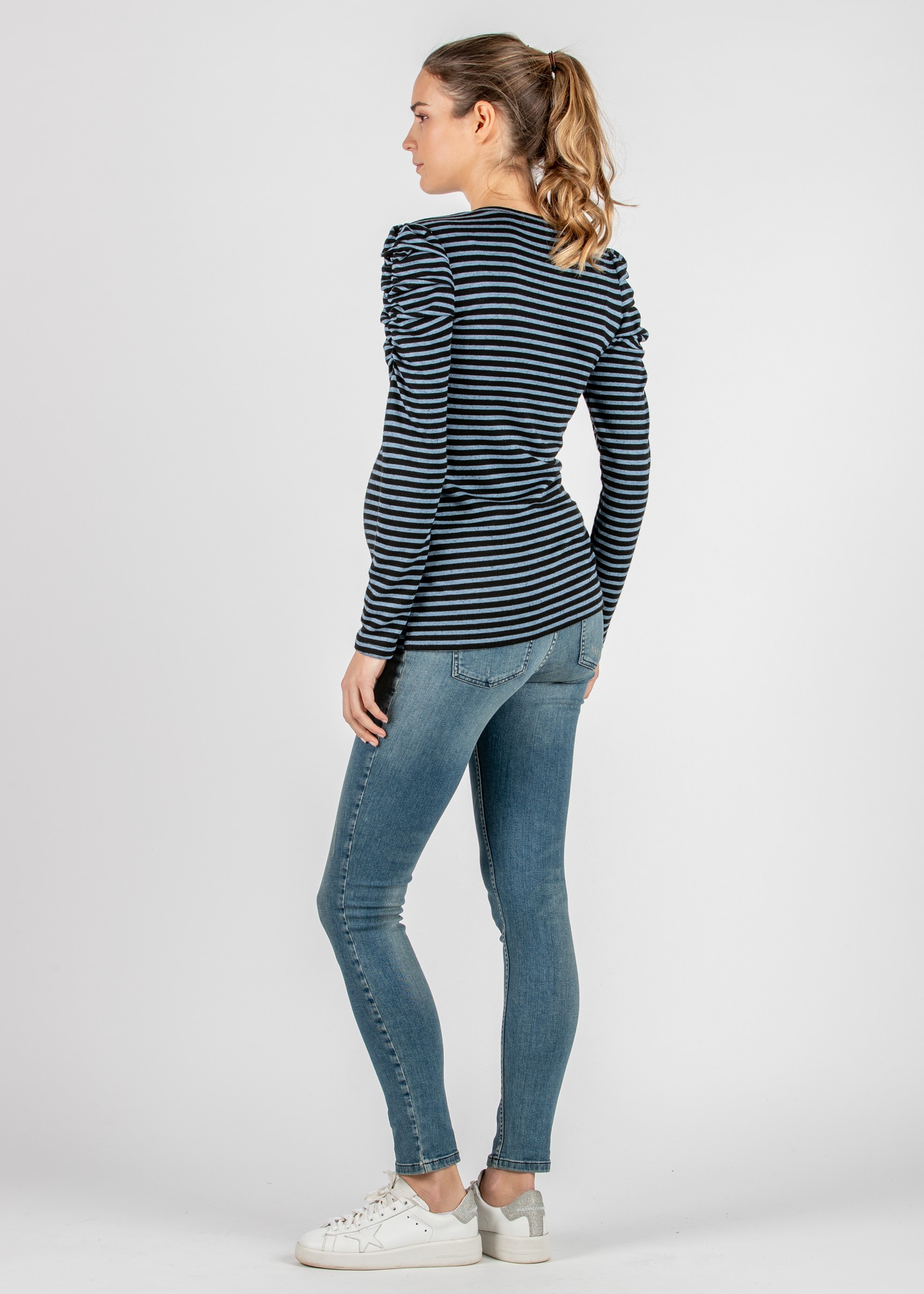 Striped Long Sleeve Maternity Top with Puff Sleeve (Denim , XS)