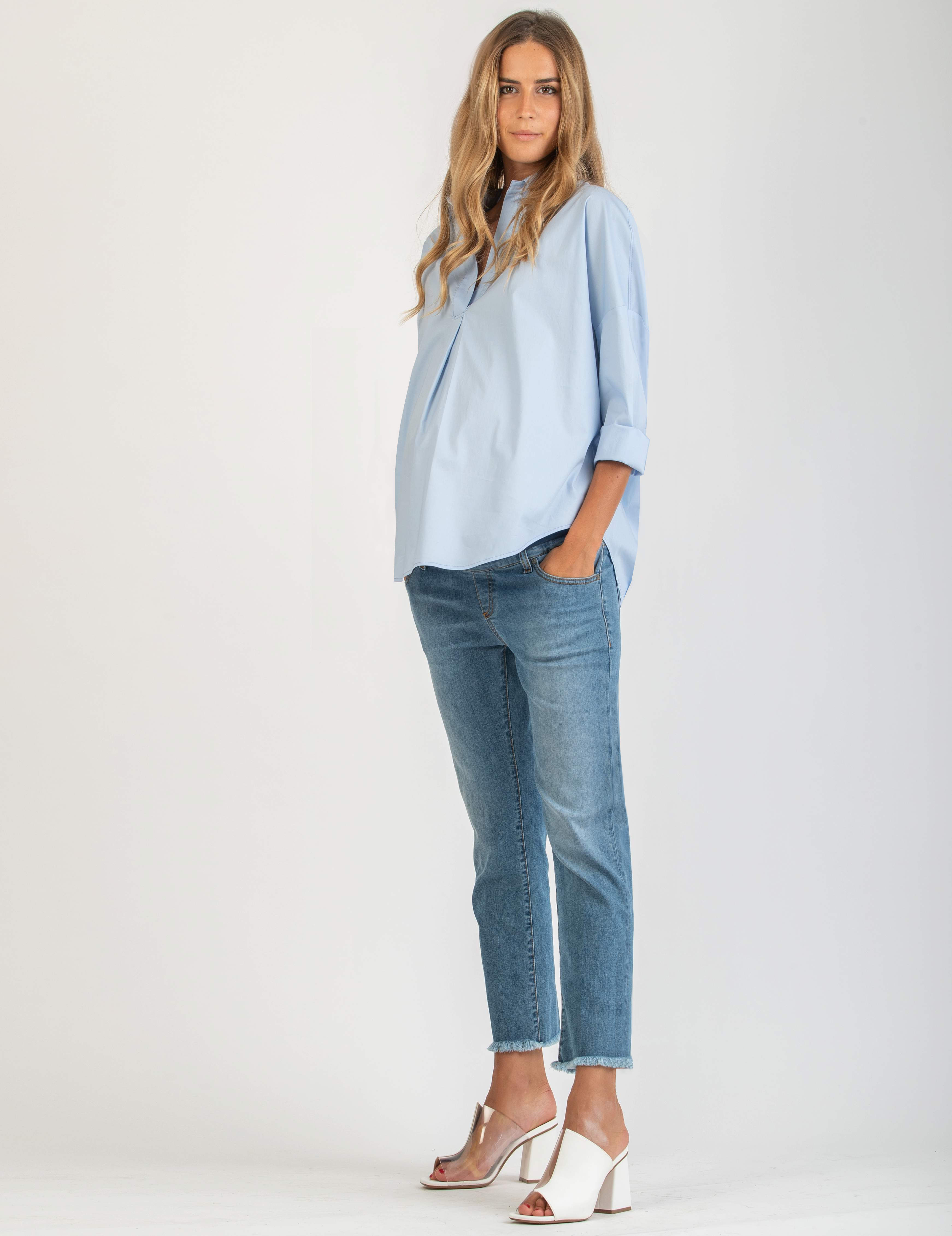 OLIVIA - Oversize Maternity Shirt in Stretch Cotton Poplin (Blue, XS)