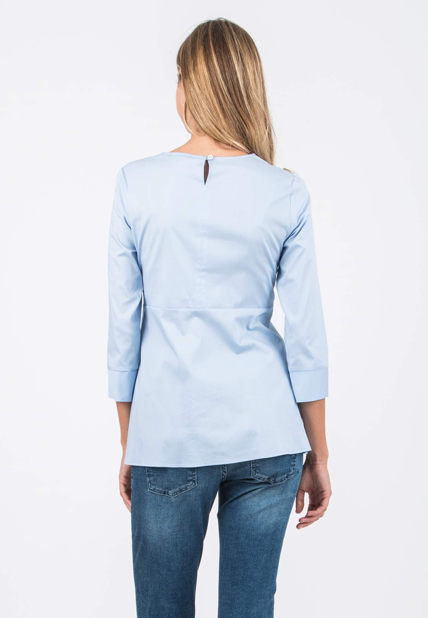 MATILDE - Poplin Maternity Blouse with Front Bow (Blue, XS)