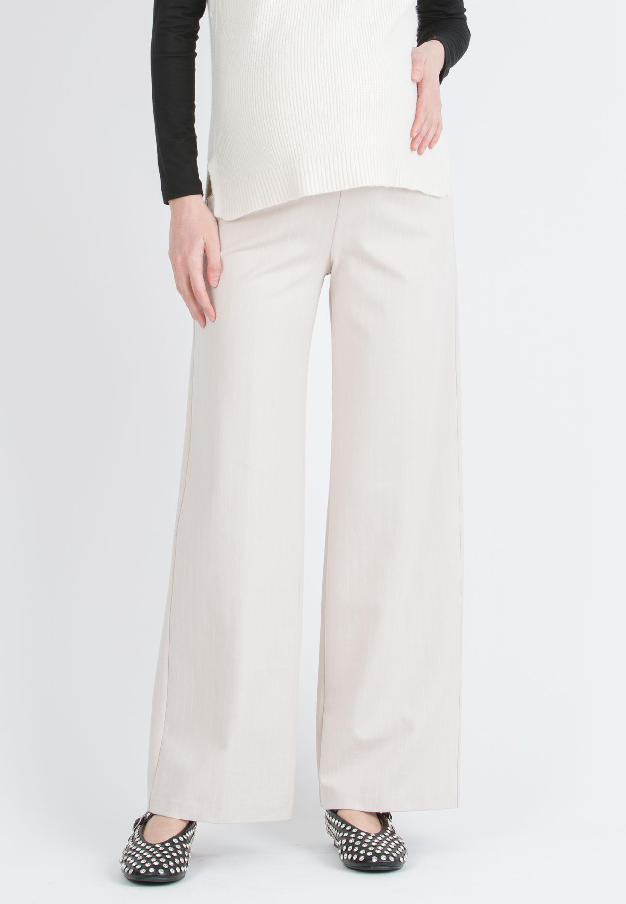 KIMBERLY G - Pantalone Premaman Palazzo in Punto Milano Invernale Gessato (Avorio, XS)