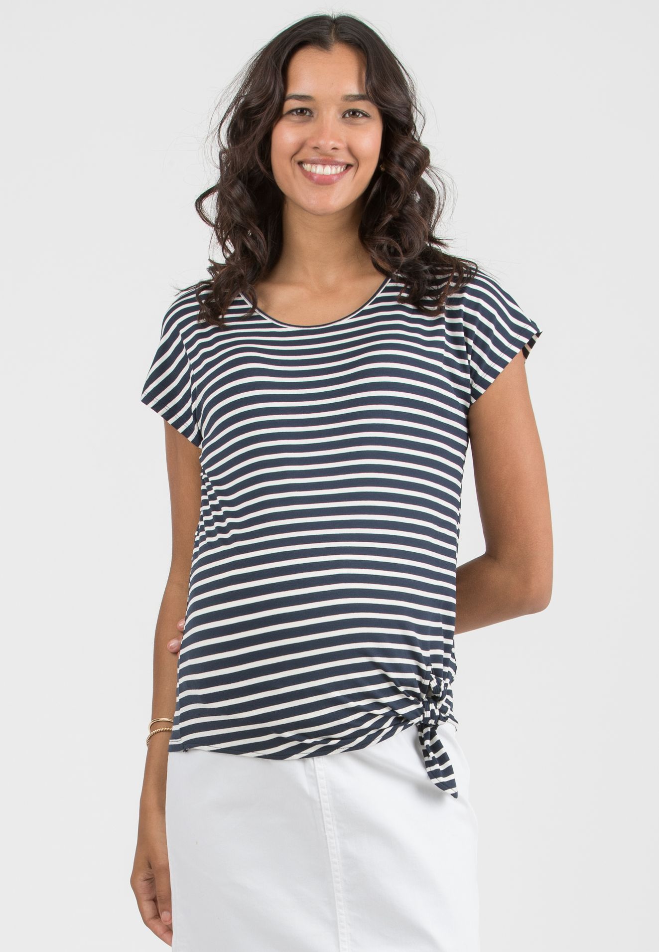 URSULA R - T-Shirt Premaman A Righe con Nodo Laterale (Blu Scuro, XS)