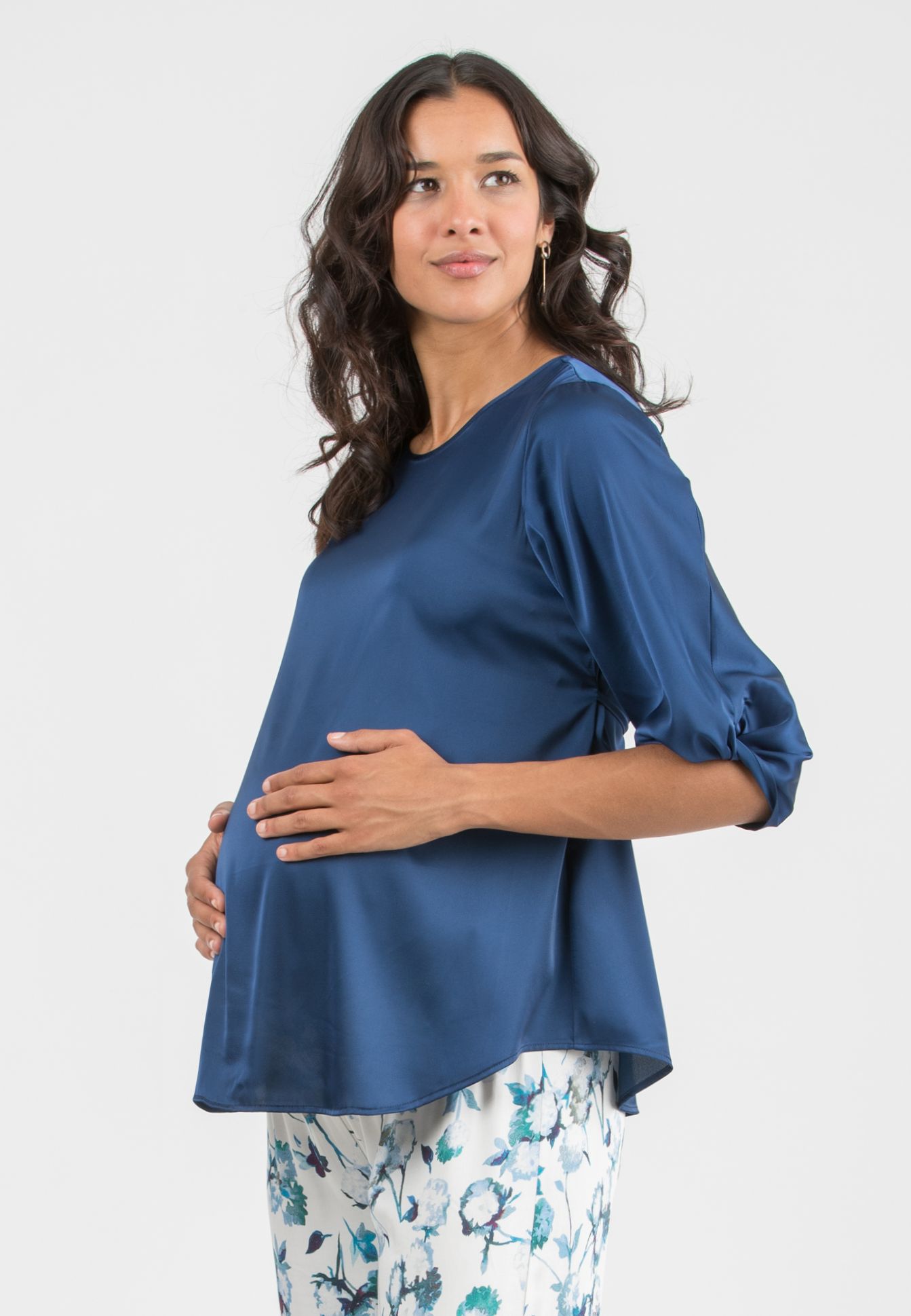 SYDNEY - Maternity Satin Blouse with Knot on Sleeve Bottom (Blu Cobalto)