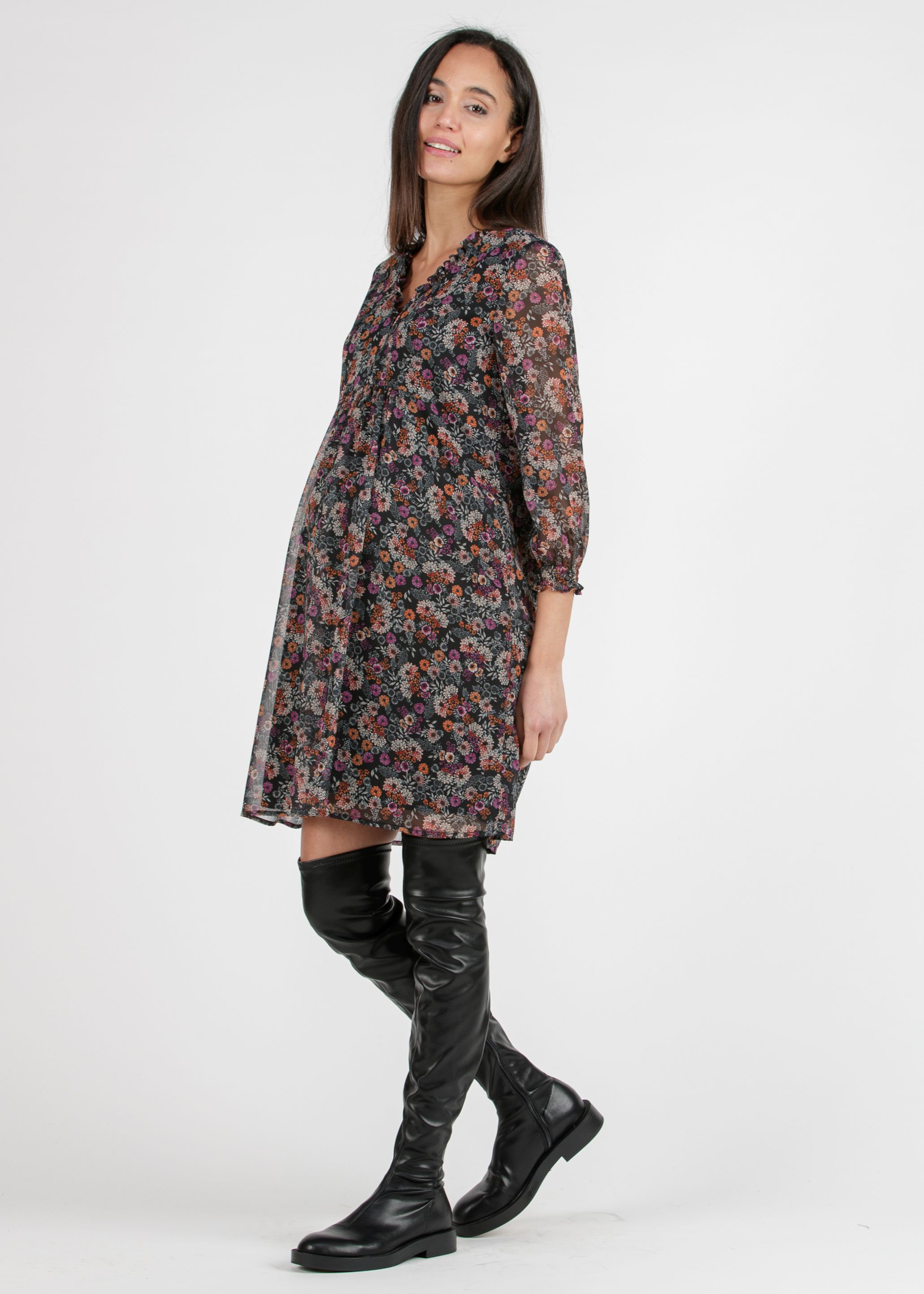 DIANA F - Printed Chiffon Maternity & Nursing Dress with Ruffle Trims on the Neck (Black, XS)