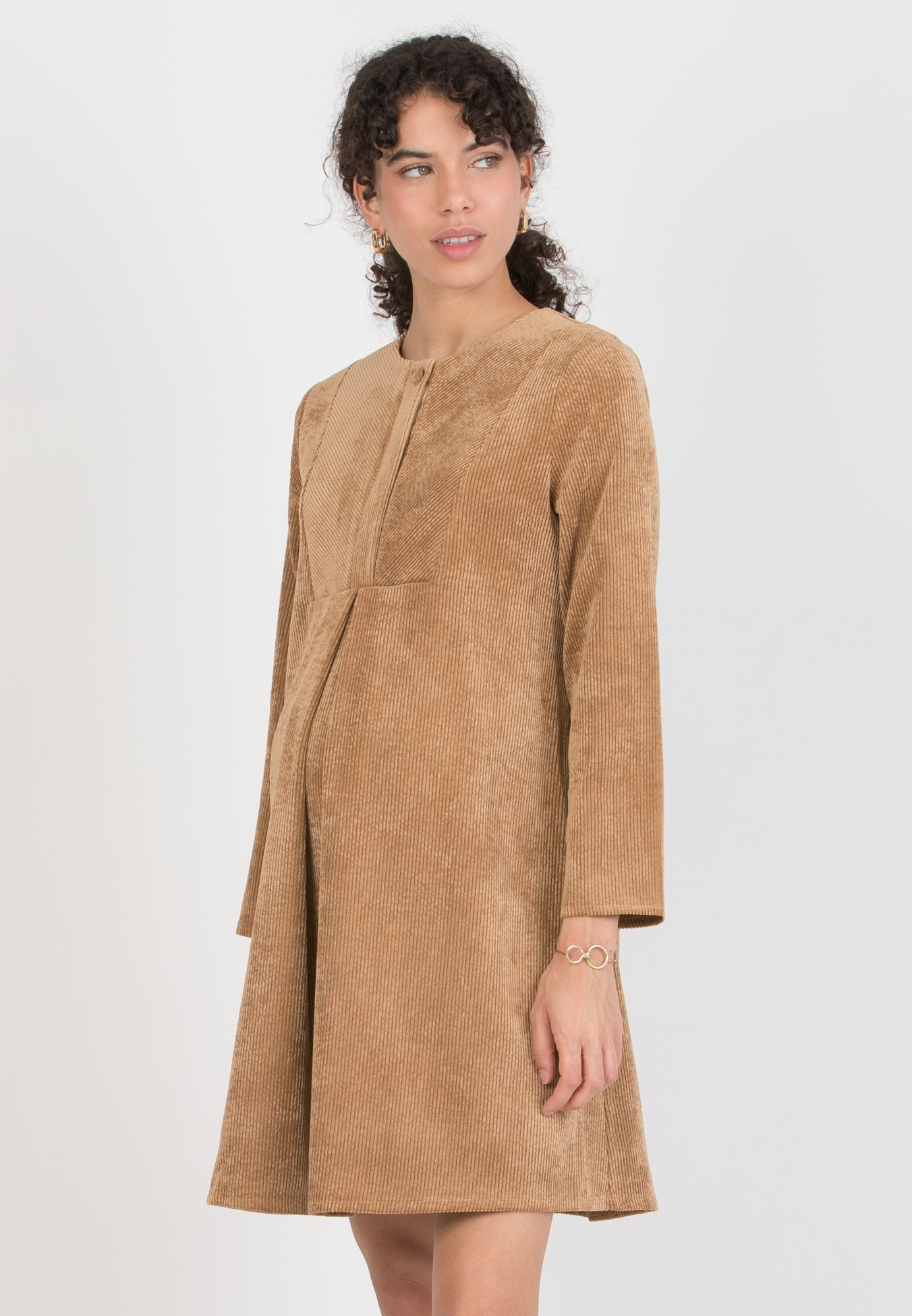JADE - Abito Premaman & Allattamento in Velluto a Coste con Davantino (Beige)