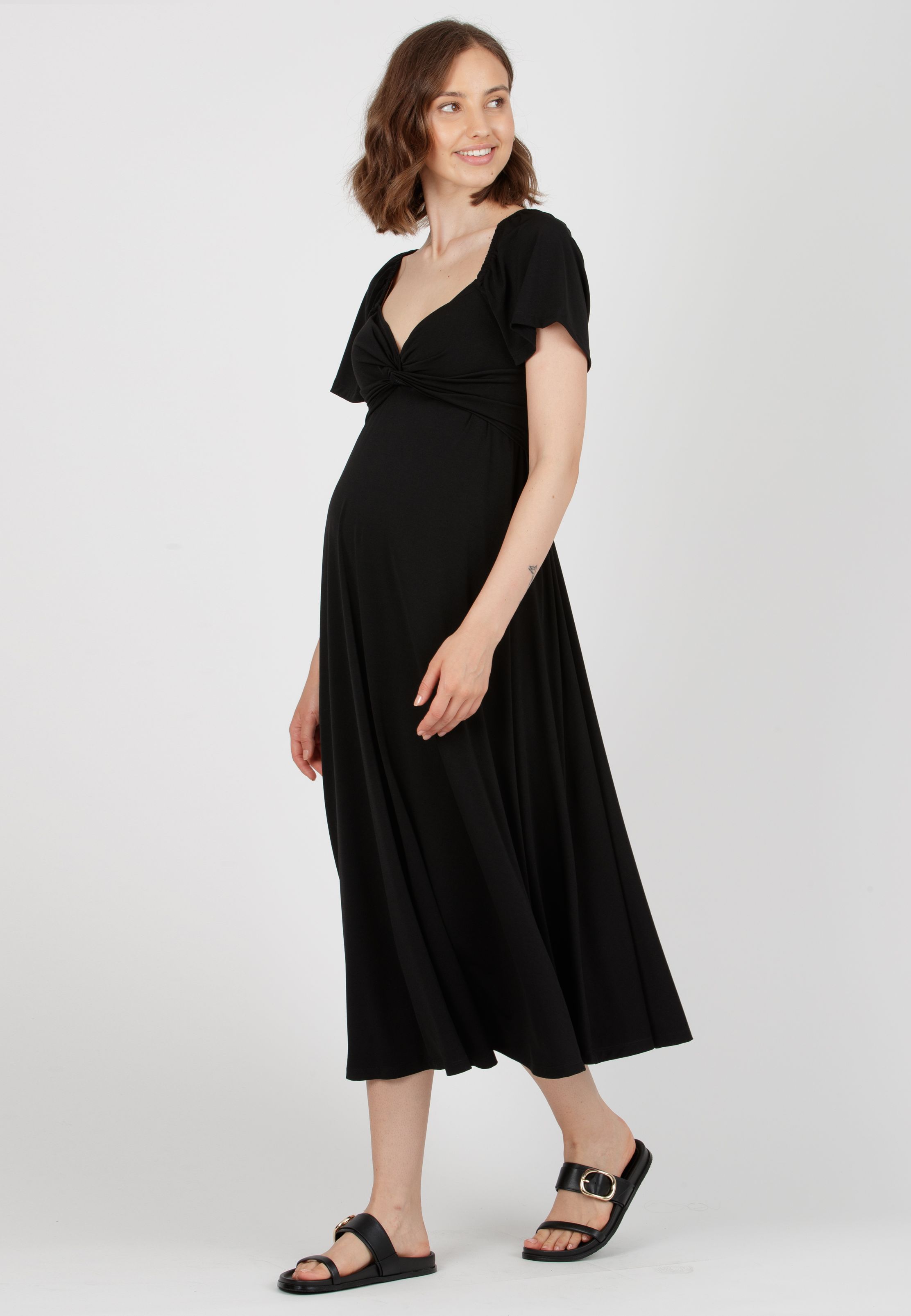 ESTELLE - Maternity & Nursing Dress with Sweetheart Neckline and Flared Midi Skirt (Nero)