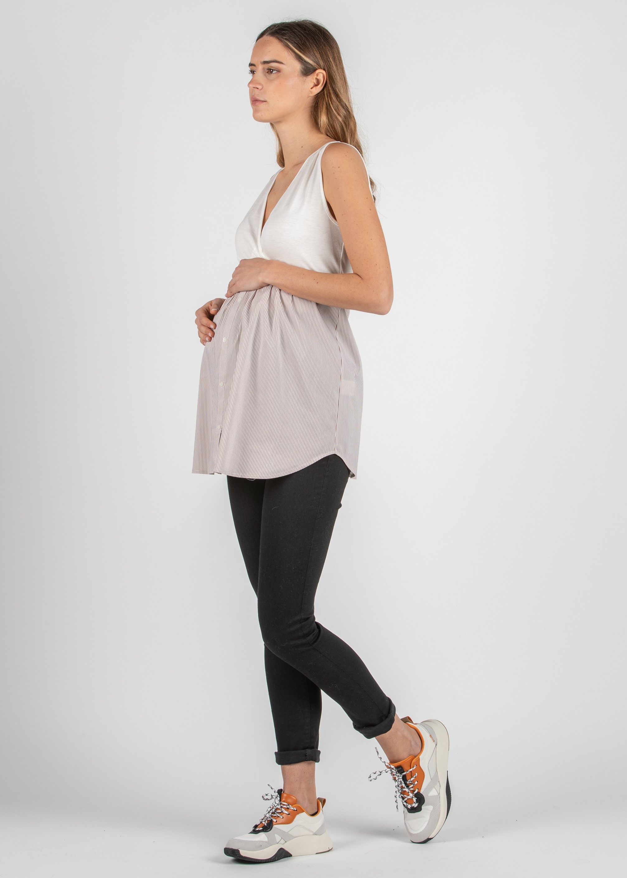 Striped Crossover Maternity & Nursing Top with Flounce in Poplin (Beige)