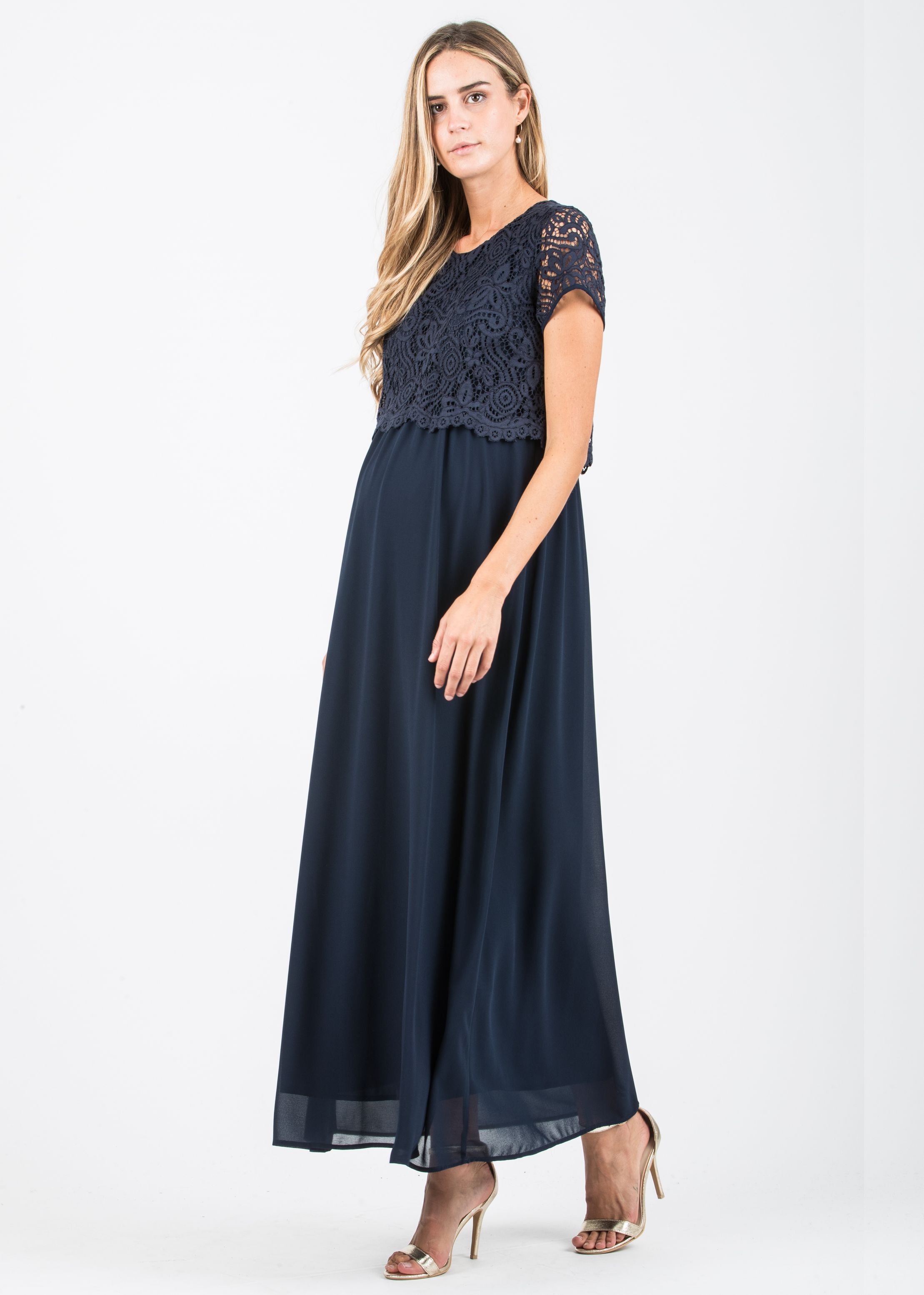 AURORA MAXI - Embroidered Long Maternity & Nursing Dress in Lace (Blue, XS)