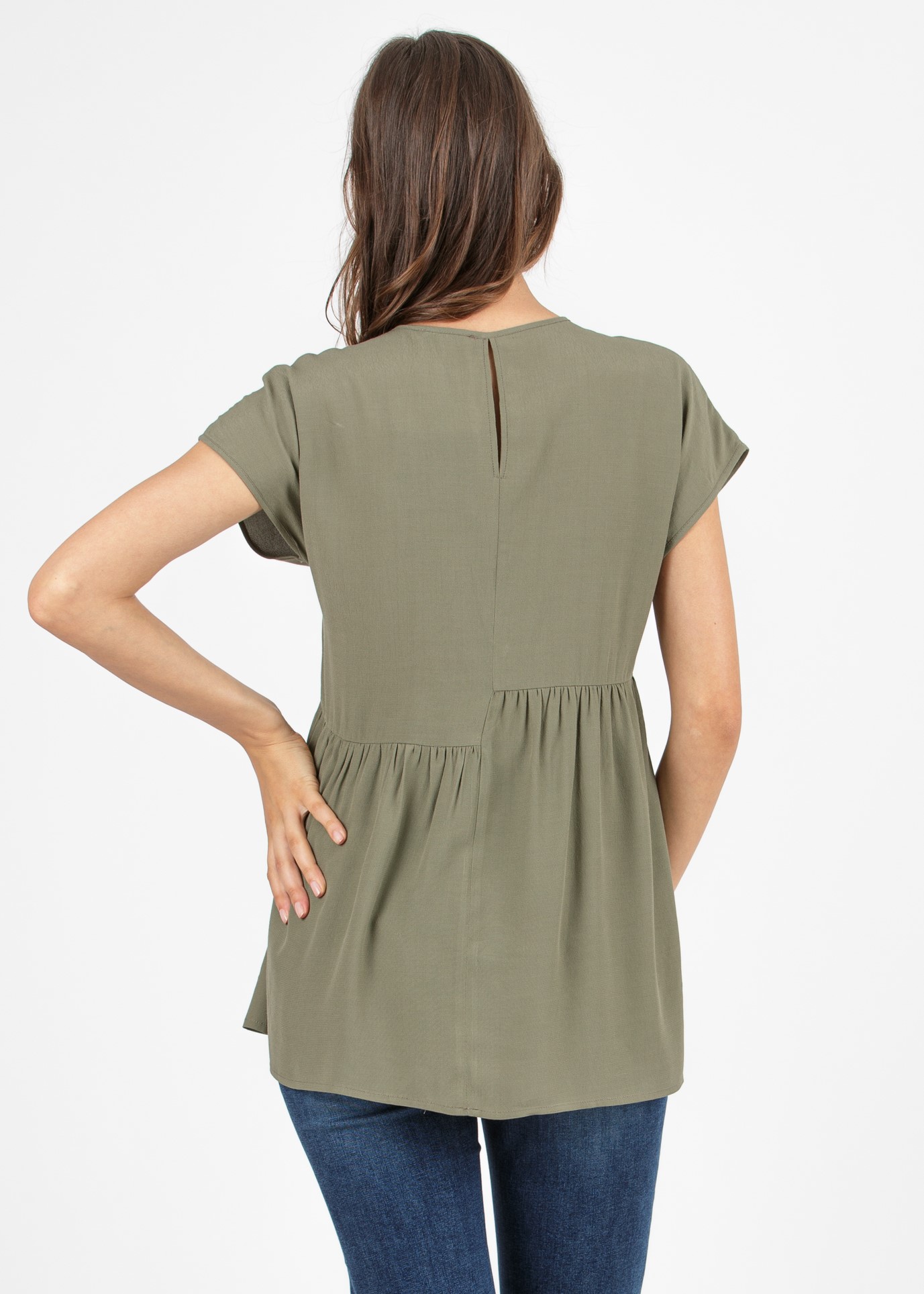 Maternity Blouse in Viscose Cady with Asymmetric Gatherings (Army Green, XS)