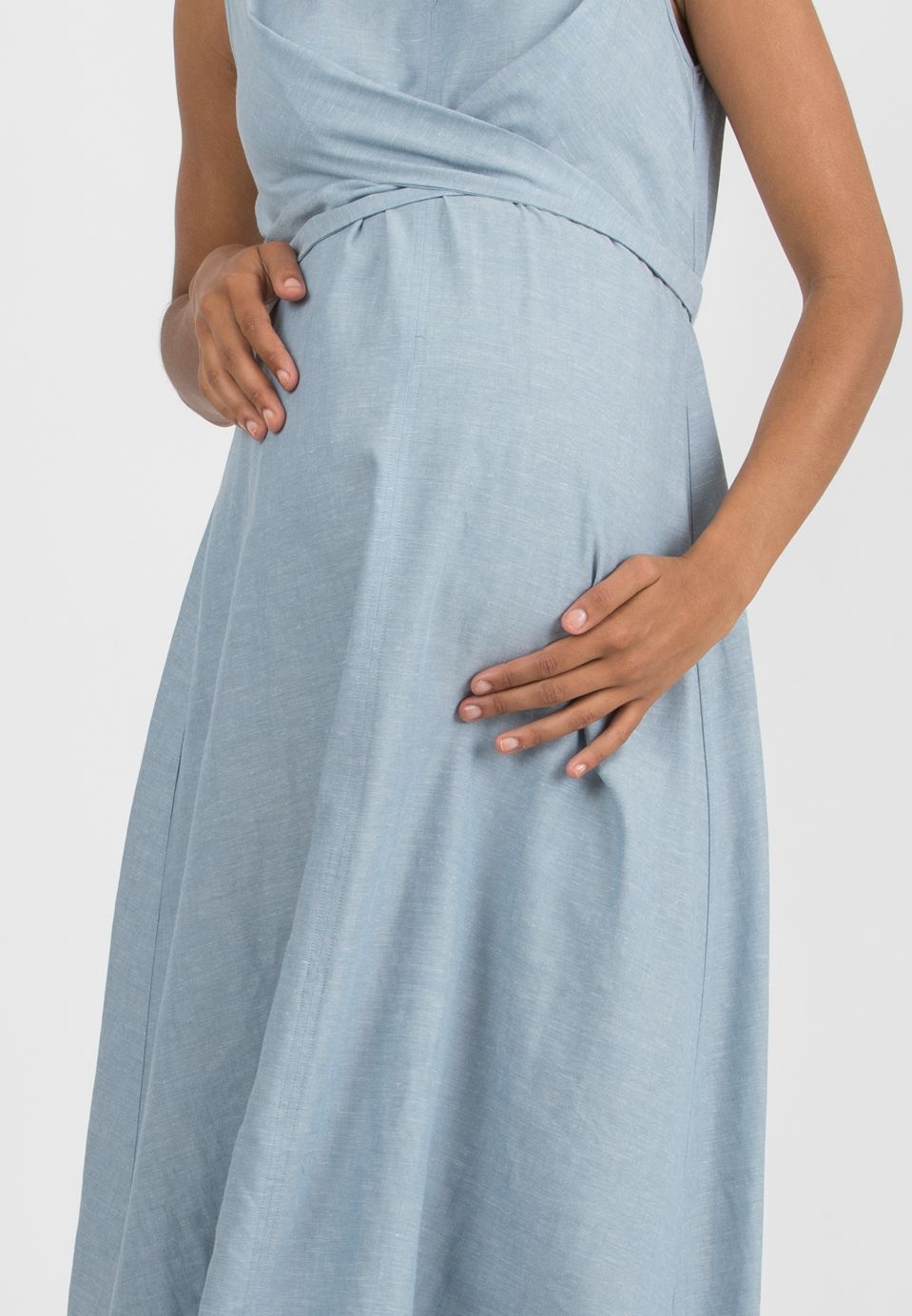 ANNALISA - Abito Premaman & Allattamento in Lino con Fusciacche incrociate (Azzurro)