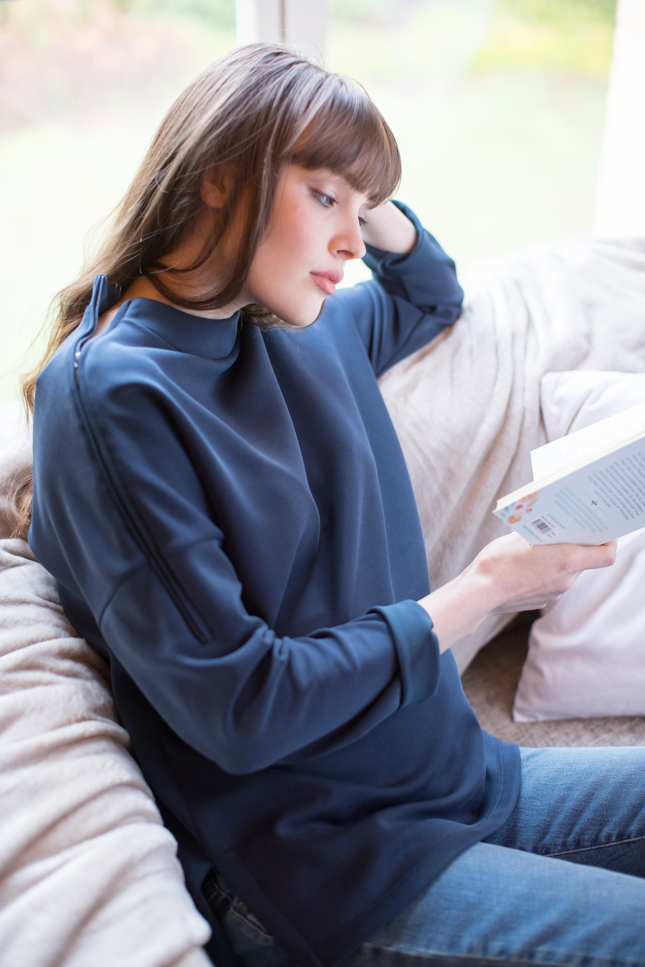 Maternity & Nursing Sweatshirt in Modal with Zip on the Shoulder (Denim, XXS)