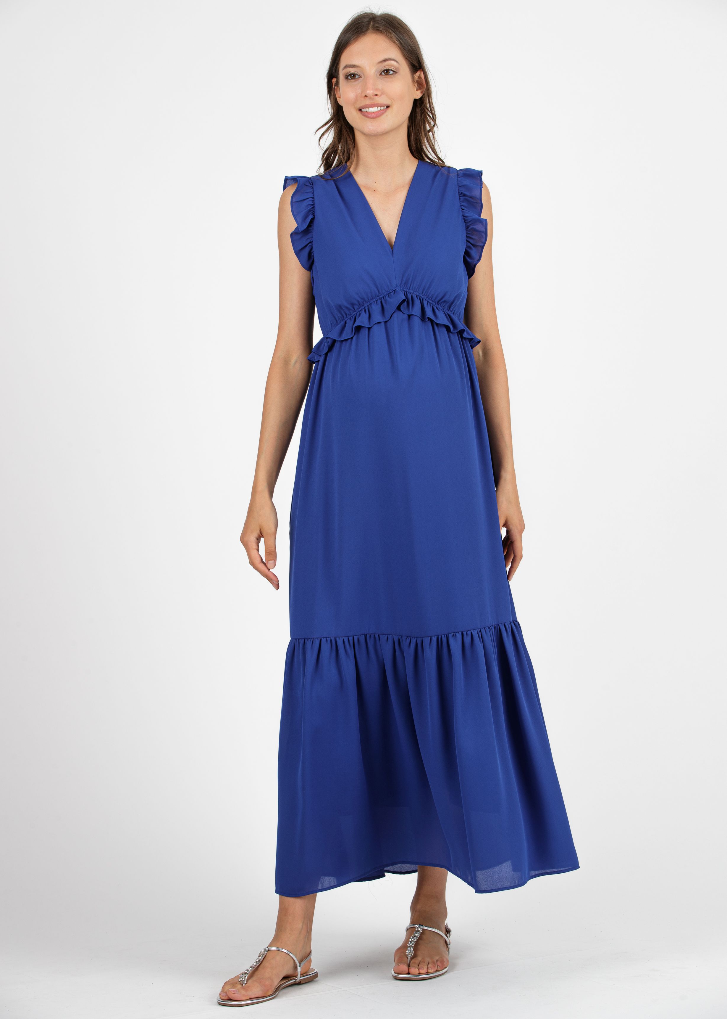 Long Maternity Dress in Chiffon with Ruffle Trims (China Blue, XS)