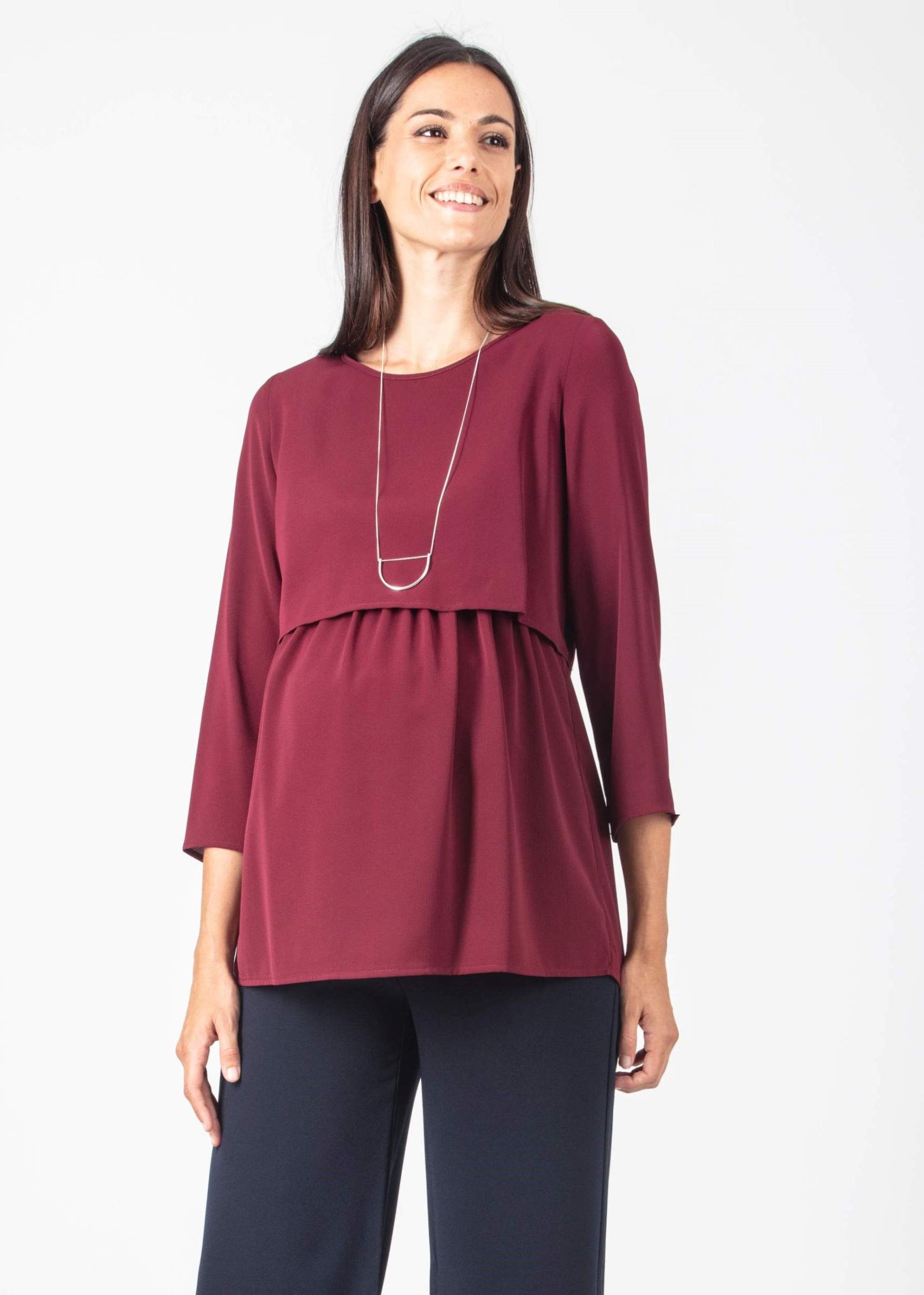 CATERINA - Maternity & Nursing Blouse in Crepe (Bordeaux, XS)