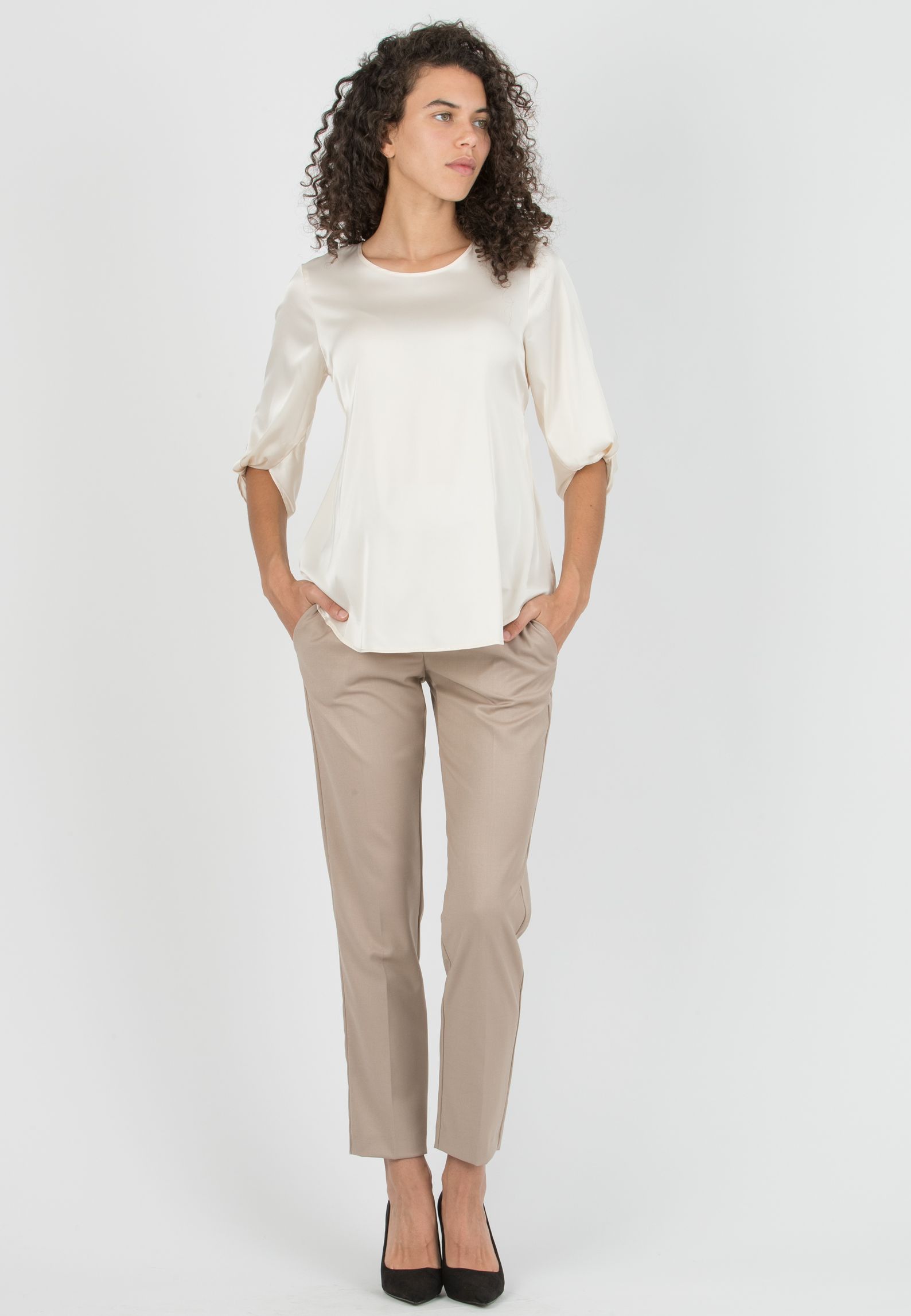 SYDNEY - Maternity Satin Blouse with Knot on Sleeve Bottom (Naturale)
