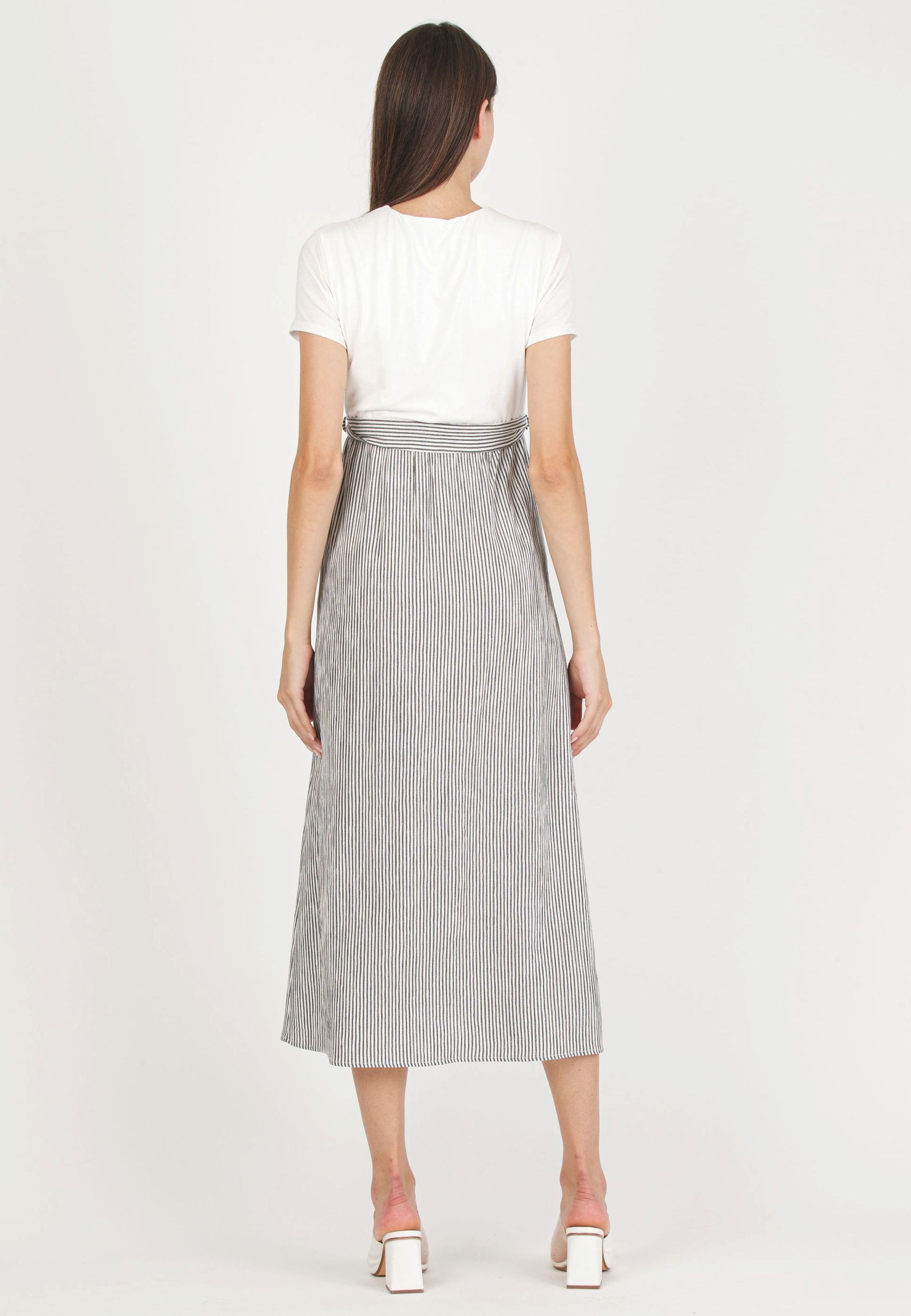 FEDERICA R - Maternity & Nursing Dress with Crossed Bodice and Striped Skirt (Black, XS)