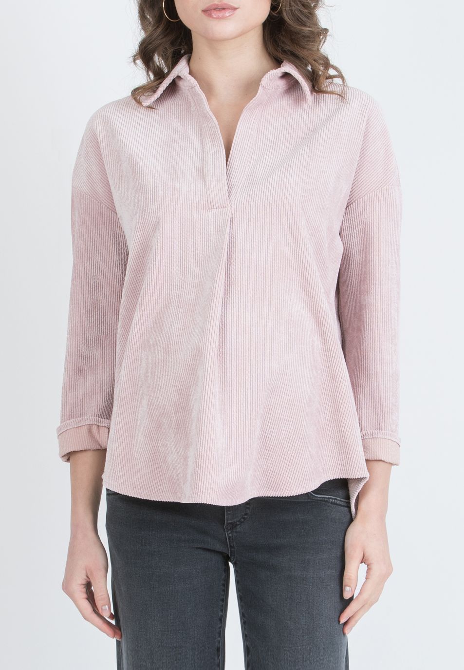 OLIVIA V - Camicia Over Premaman in Velluto a Coste Larghe (Rosa)