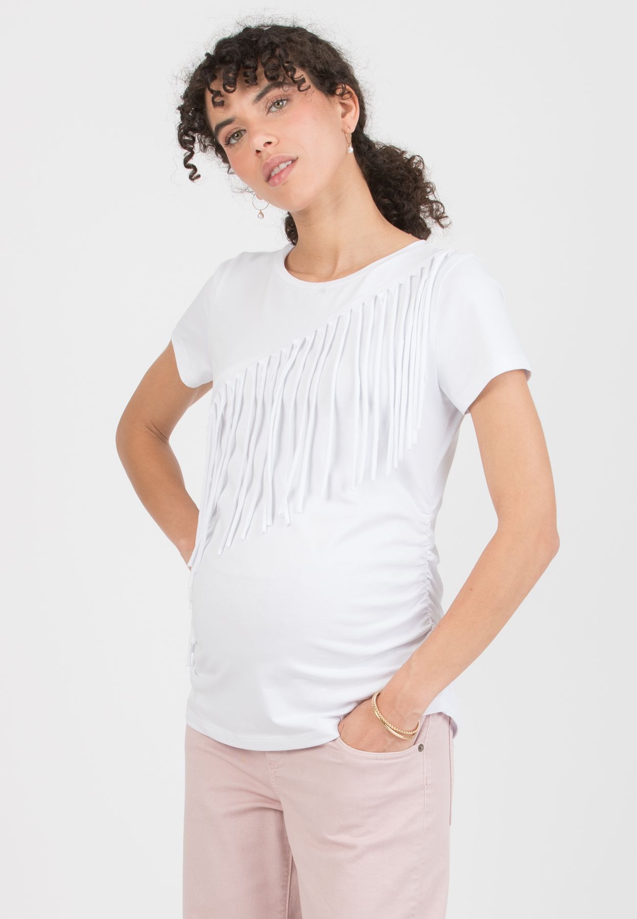 ARYNA - T-shirt Premaman in Cotone con Frange (Bianco Ottico, XS)