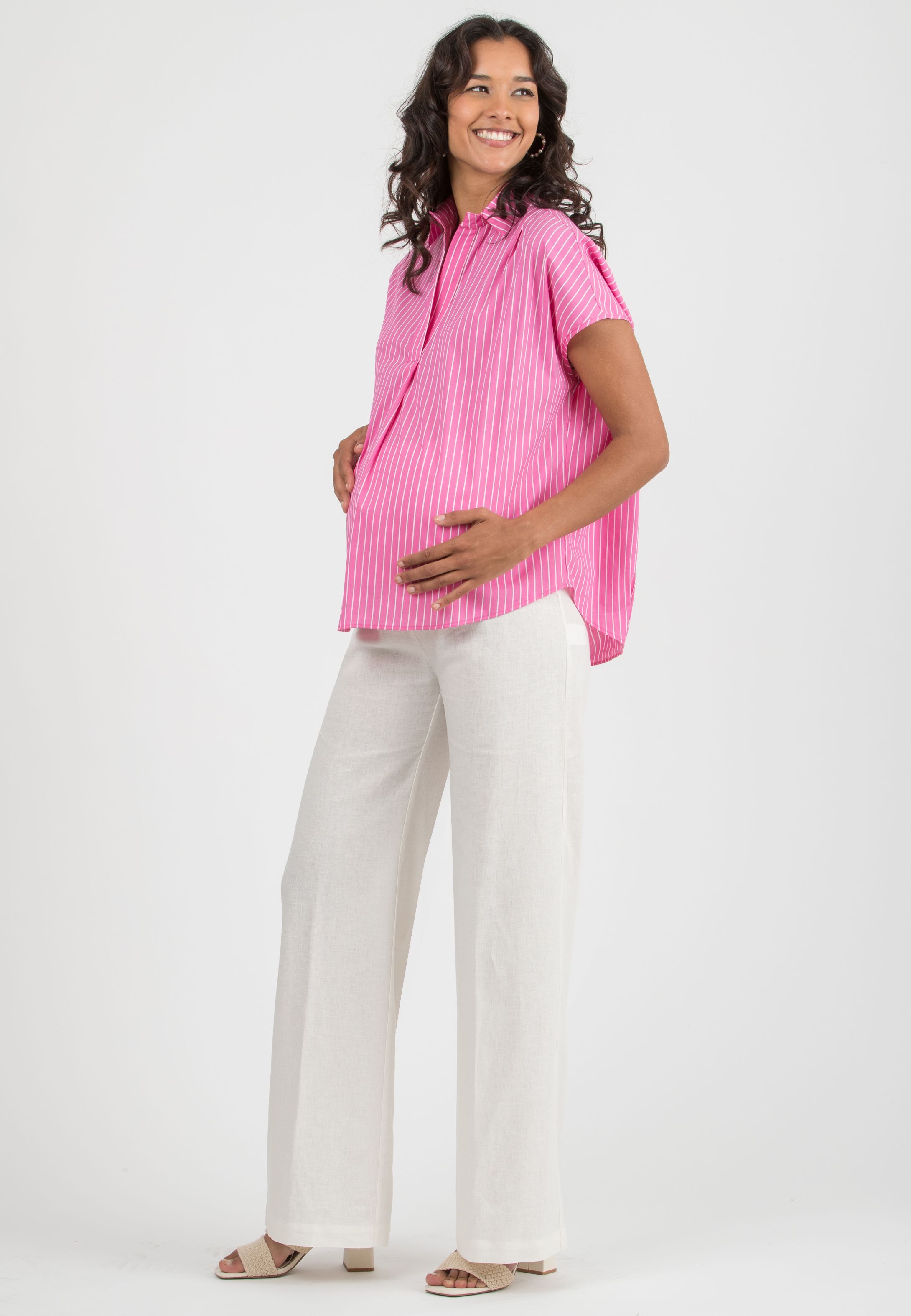 OLIVIA M/M – Oversized Maternity Shirt in Wide-Striped Cotton Poplin (Fuchsia, XXS)