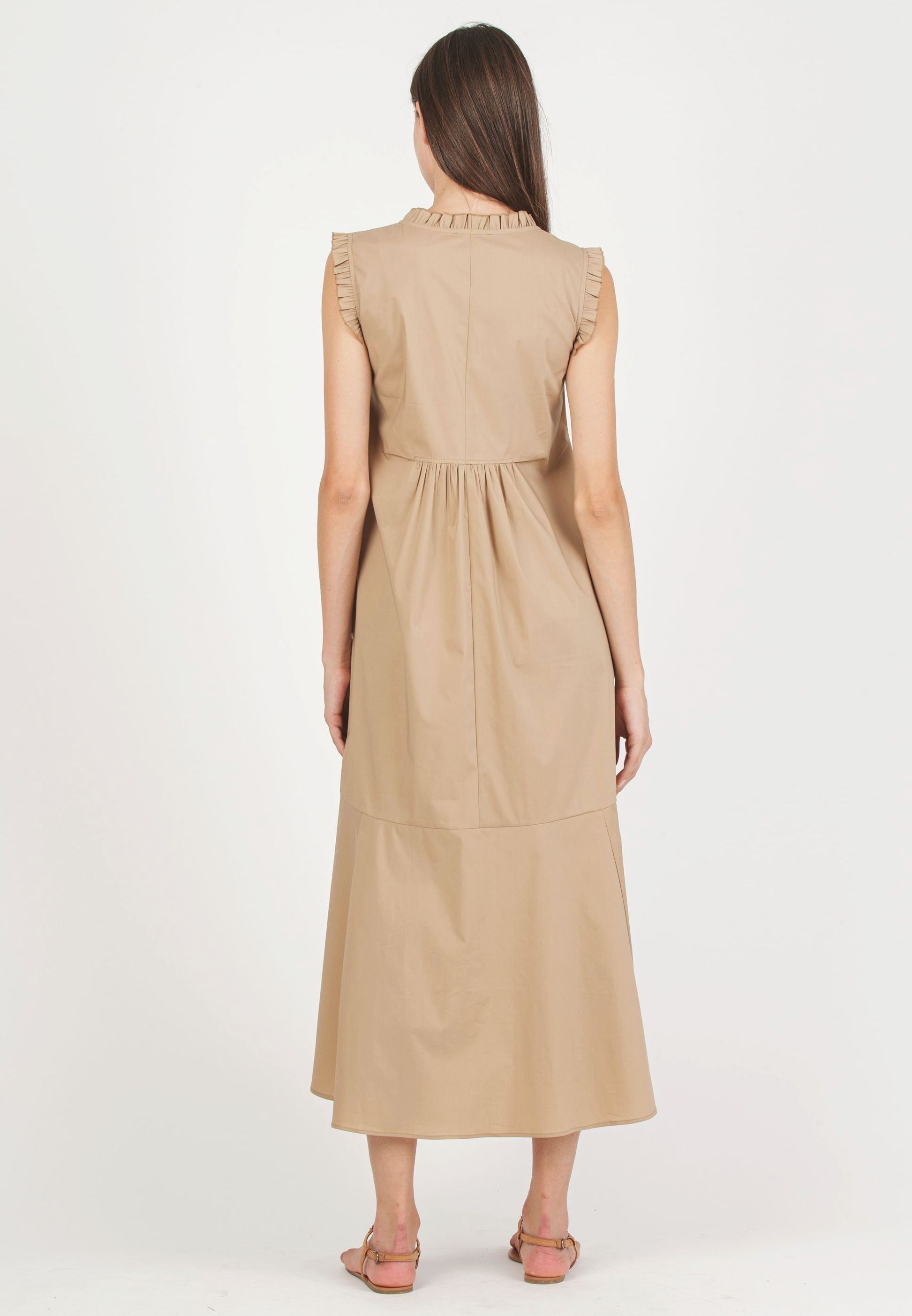 SOFIA MIDI - Maternity Midi Dress in Cotton Poplin with Ruffles (Camel, XS)