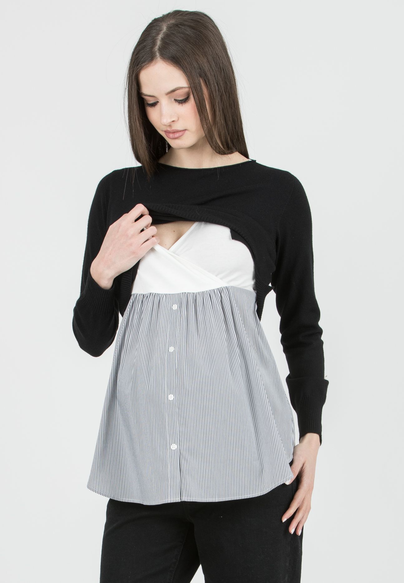ANGELA R - Maternity & Nursing Sweater with Matching Striped Top (Nero)