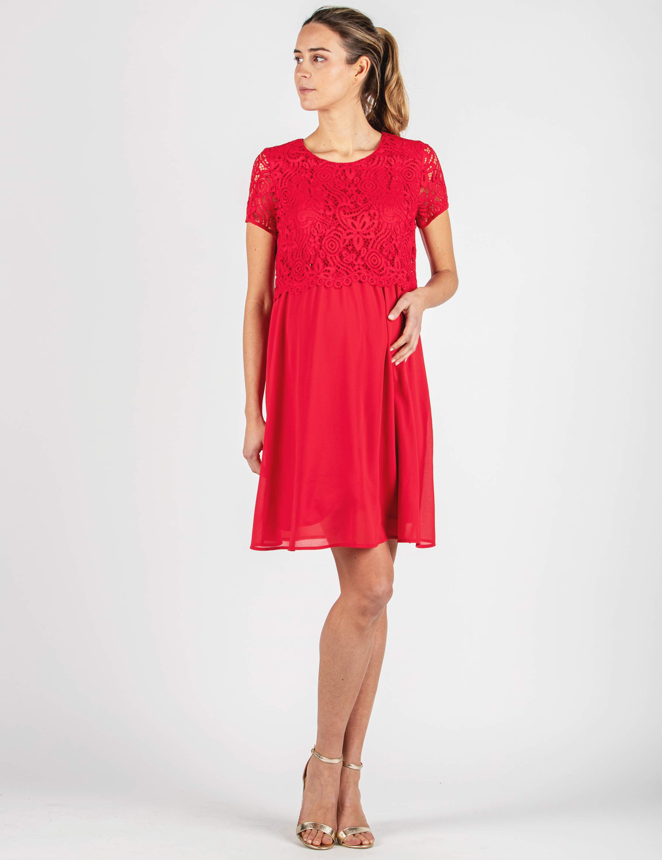 AURORA - Embroidered Maternity & Nursing Dress in Lace (Red, XS)
