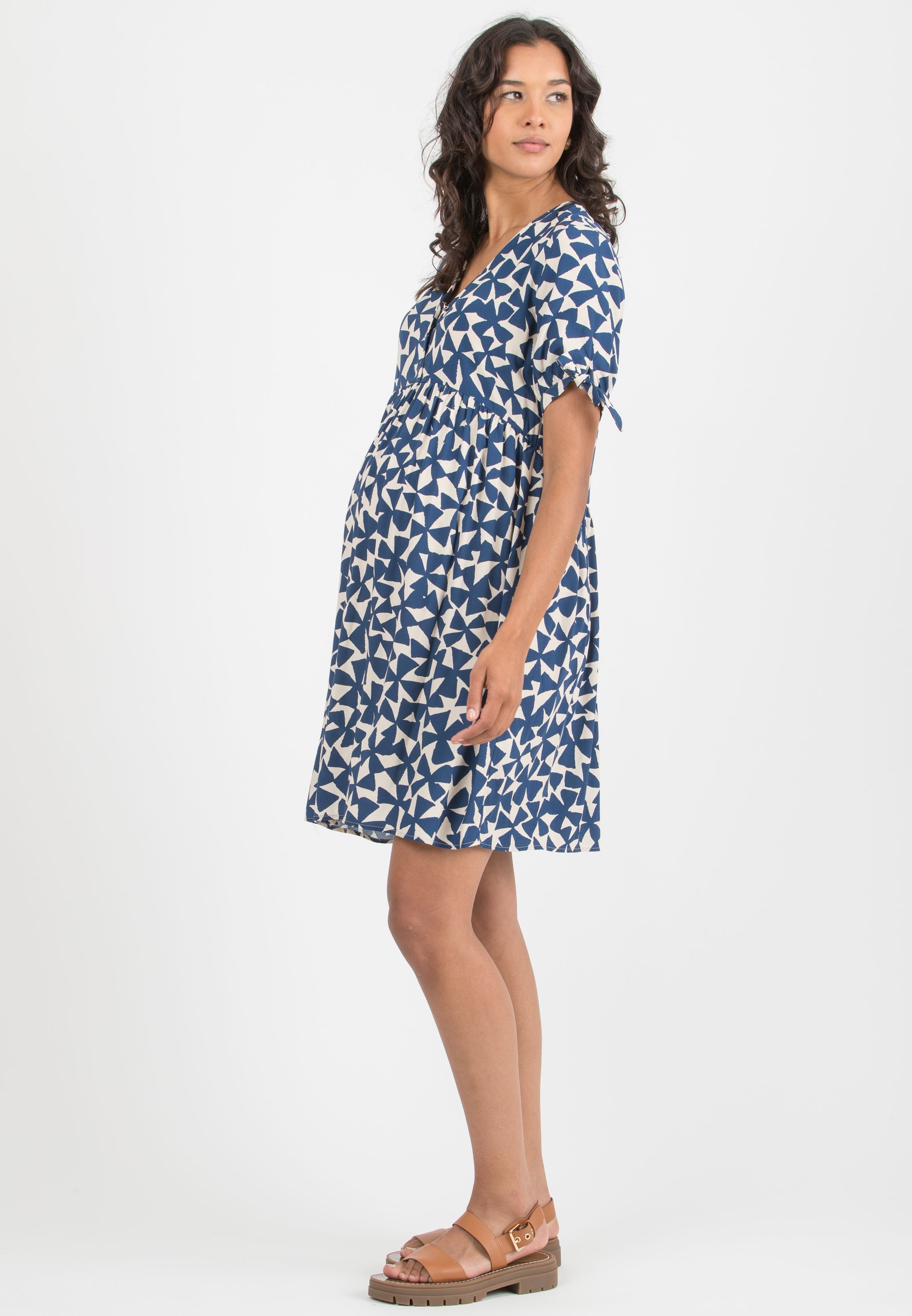 CHLOE - Maternity & Nursing Viscose Dress with Bows on Sleeves (Blue, XS)