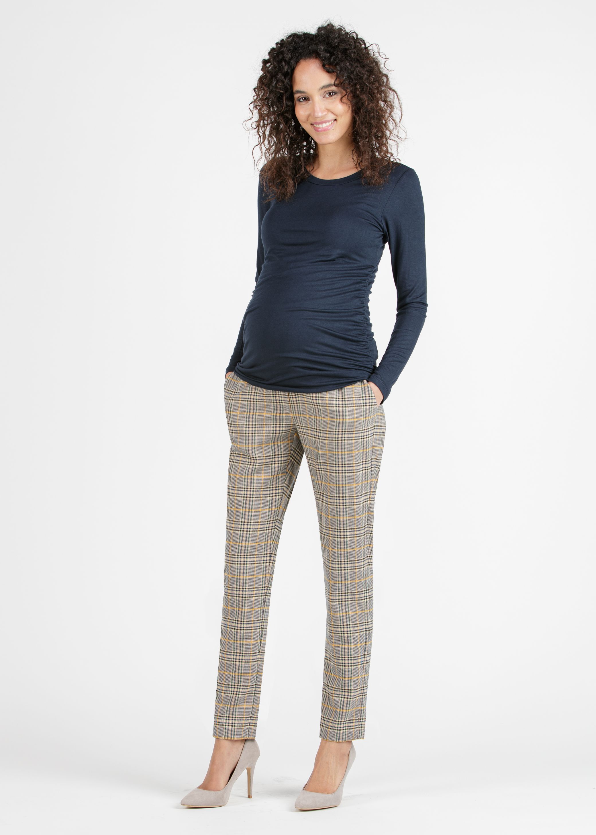 ELISA Q - Pantalone Premaman Slim Fit a Quadri (Blu, XS)