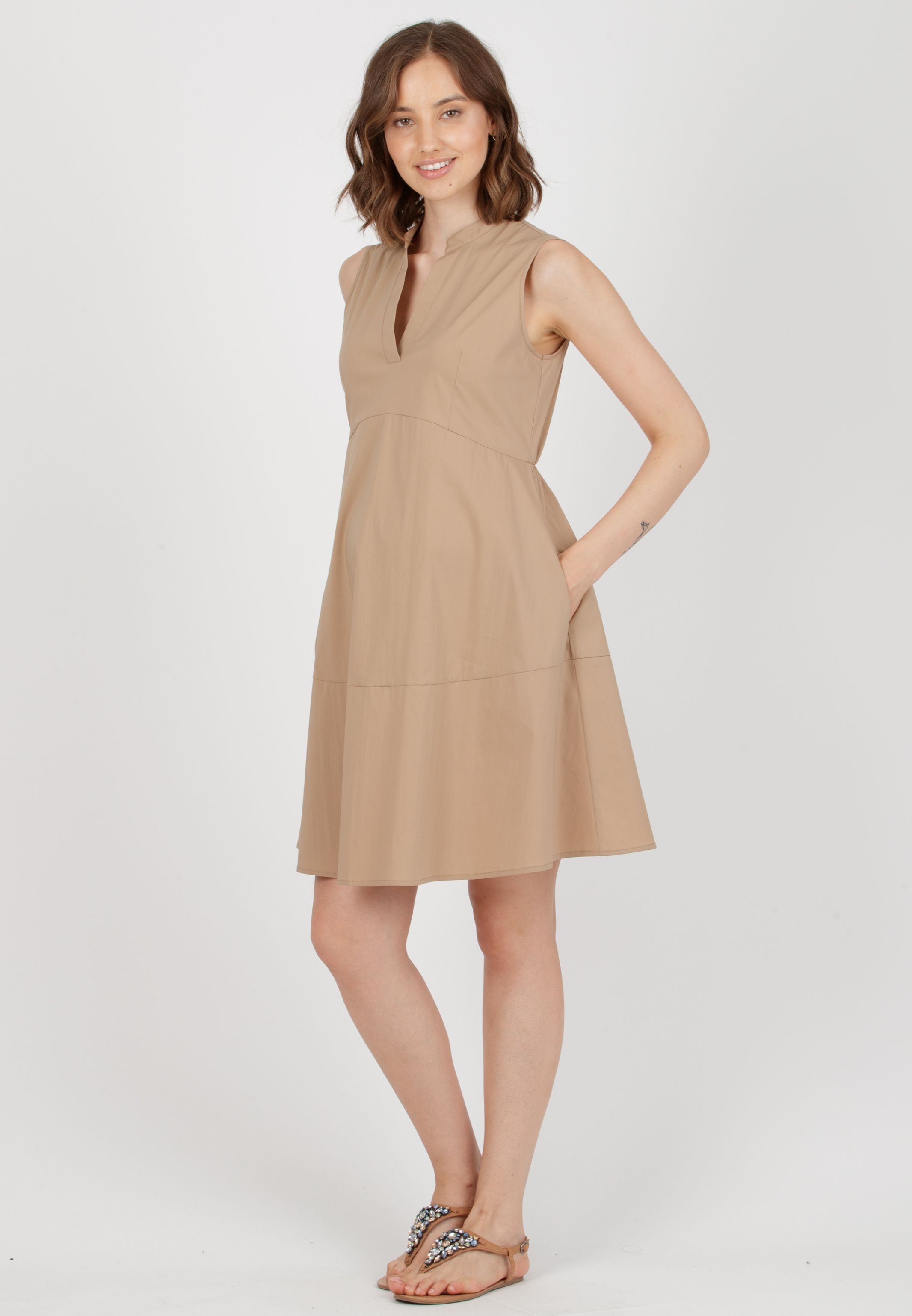FLORENCE - Maternity Dress in Stretch Cotton with Flared Skirt (Camel, XS)