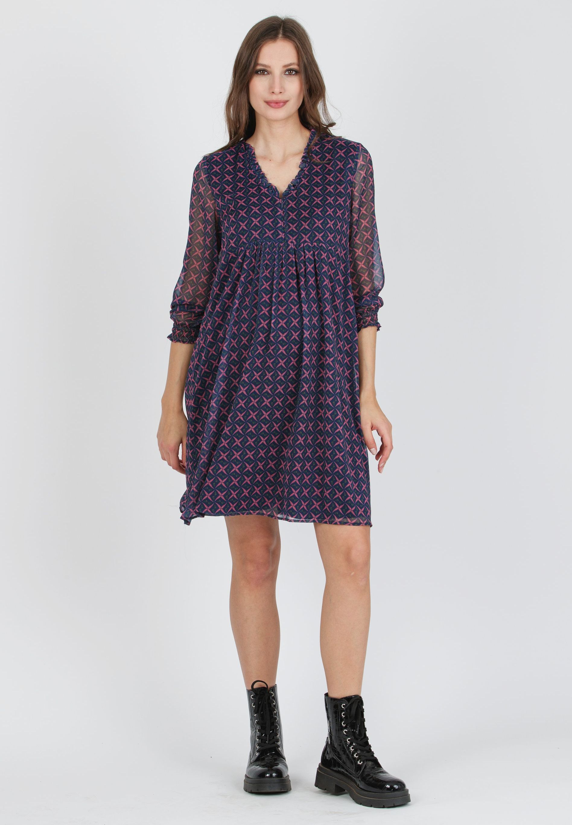 DIANA S - Printed Chiffon Maternity & Nursing Dress with Ruffle Trims on the Neck (Blue, XS)