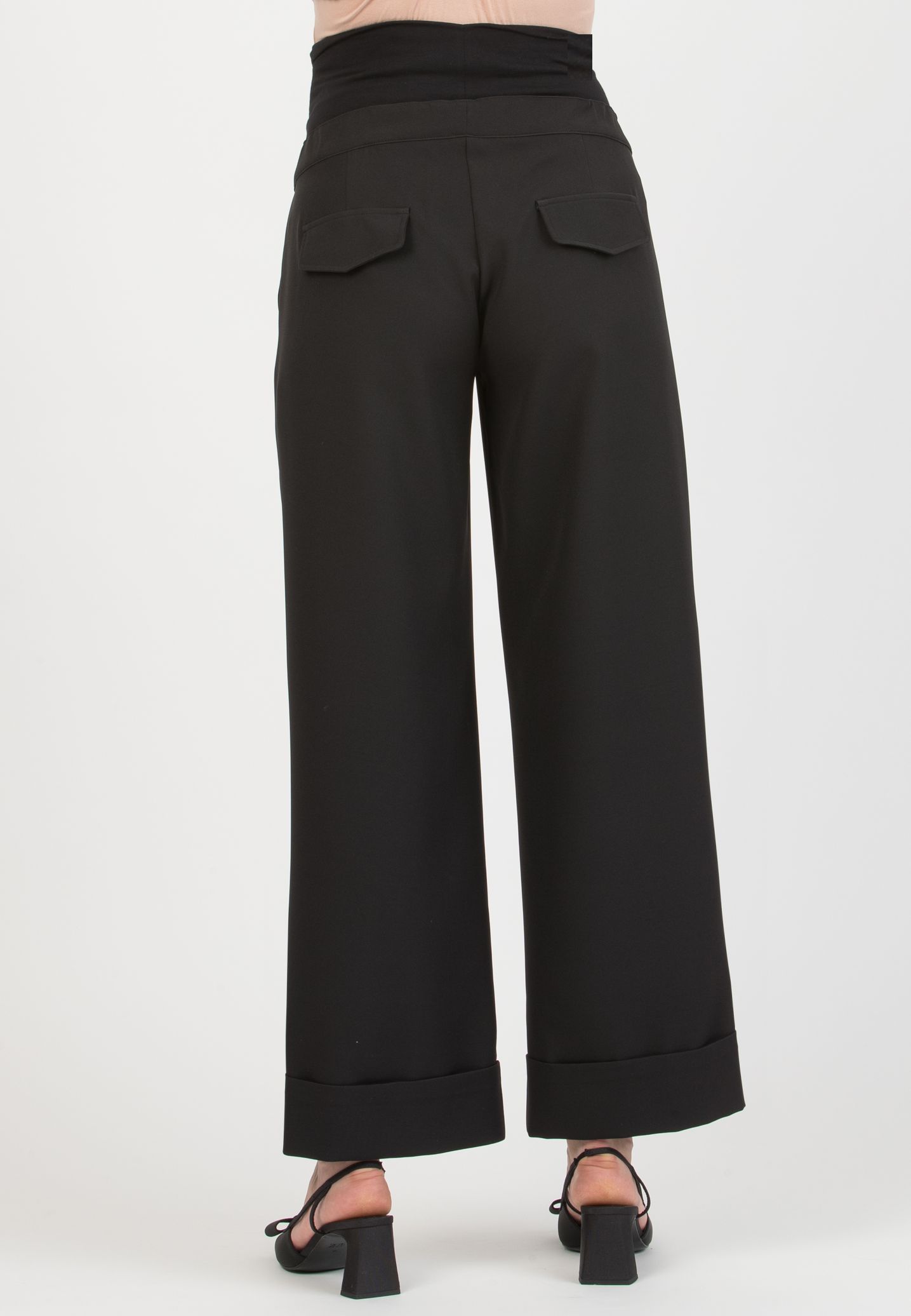 ROBY – Maternity Palazzo Trousers in Cady with Turn-Up Hem (Nero)