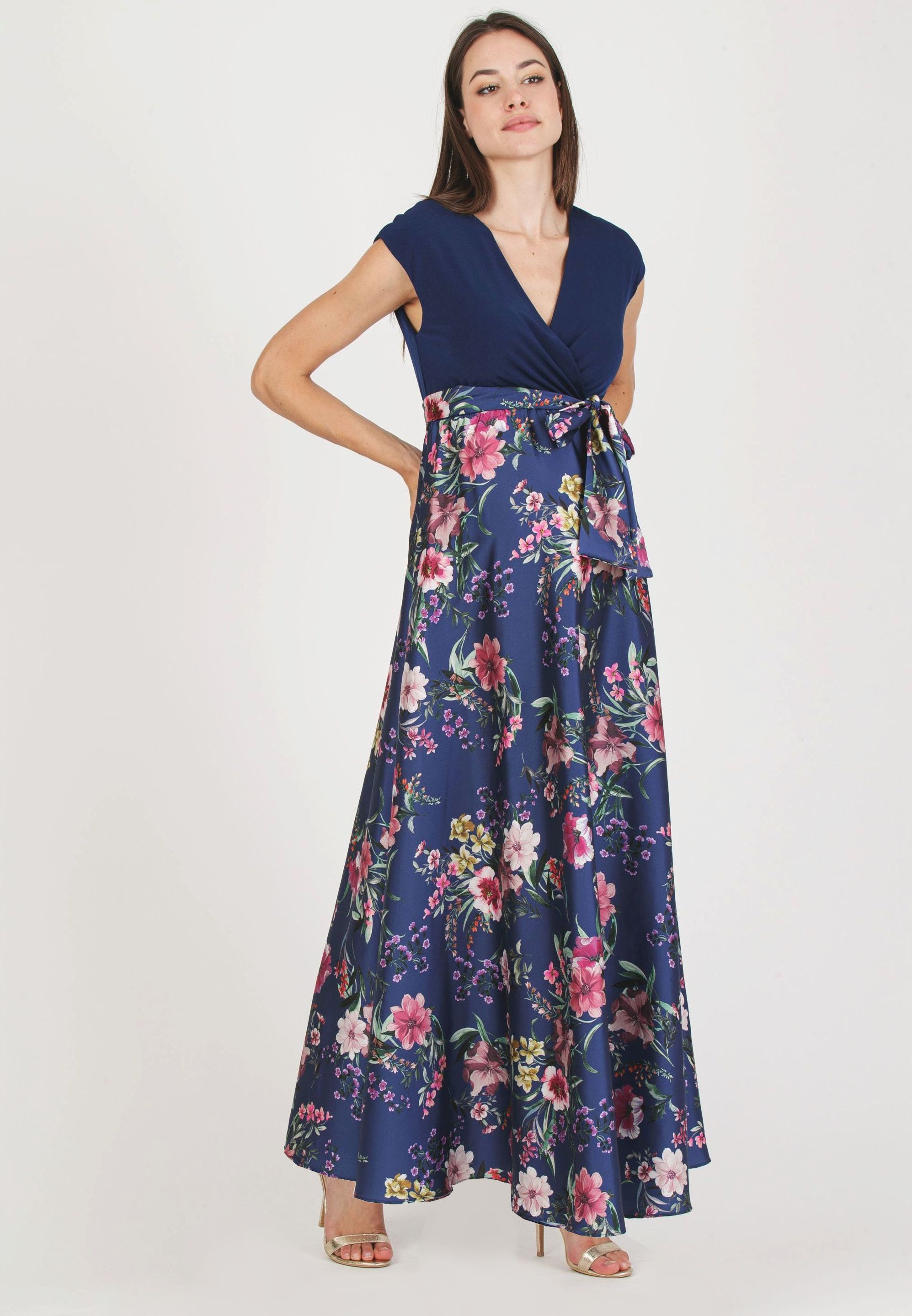 LUCREZIA F - Maternity & Nursing Dress with Printed Satin Skirt (Blue, XS)