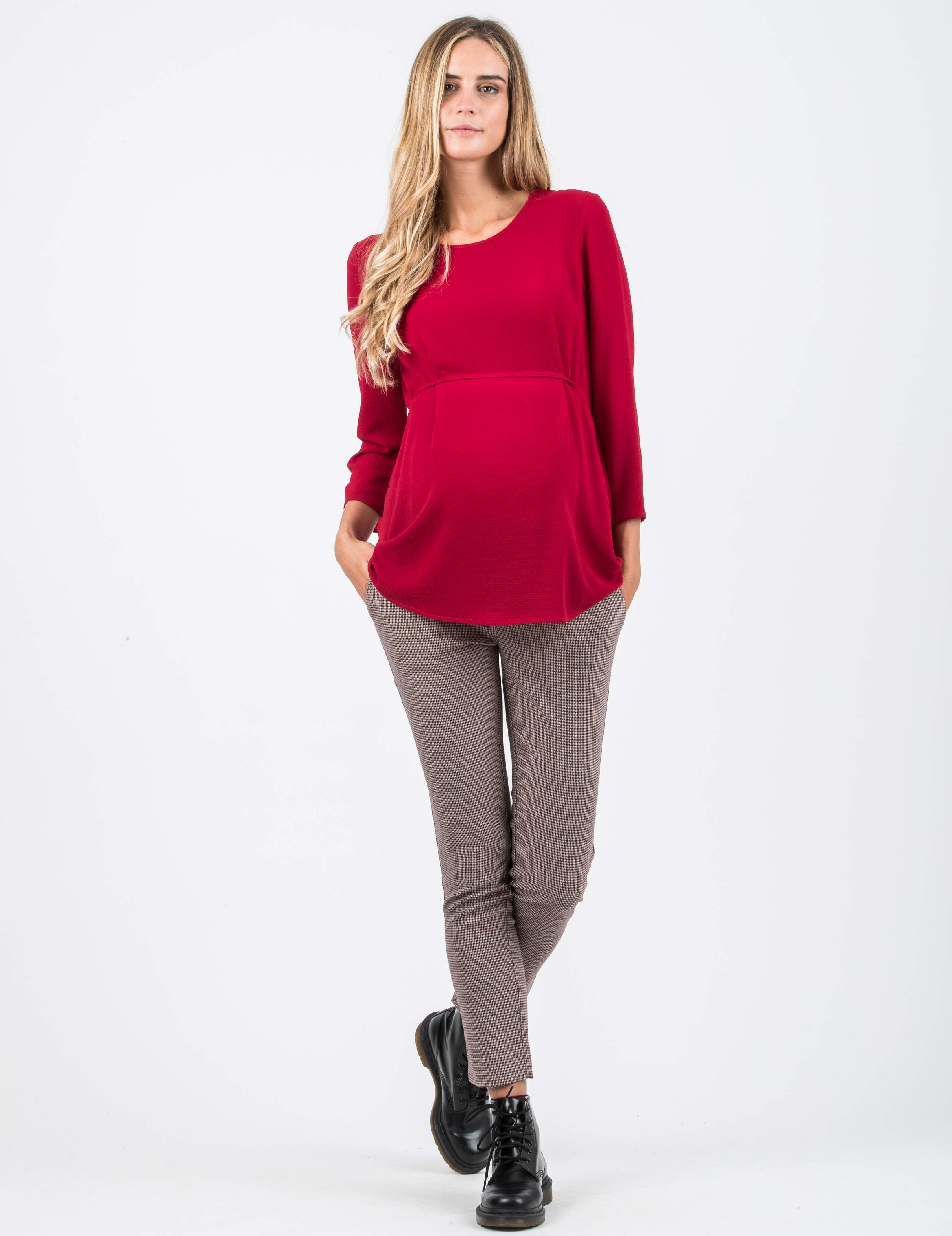 Pantalone Premaman Slim in Jacquard a Quadri con Stampa Pied de Poule (Bordeaux, XS)