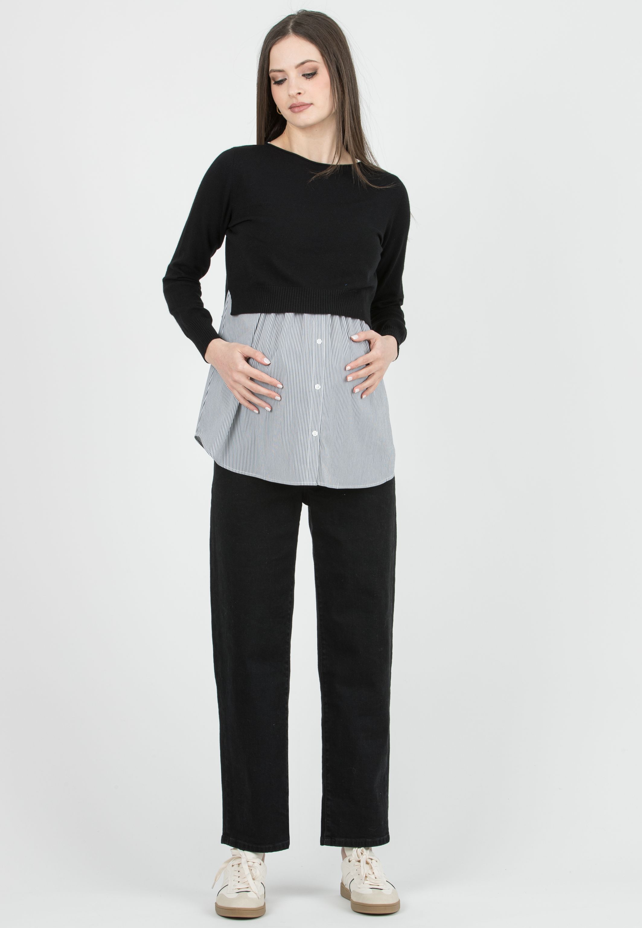 ANGELA R - Maternity & Nursing Sweater with Matching Striped Top (Nero)