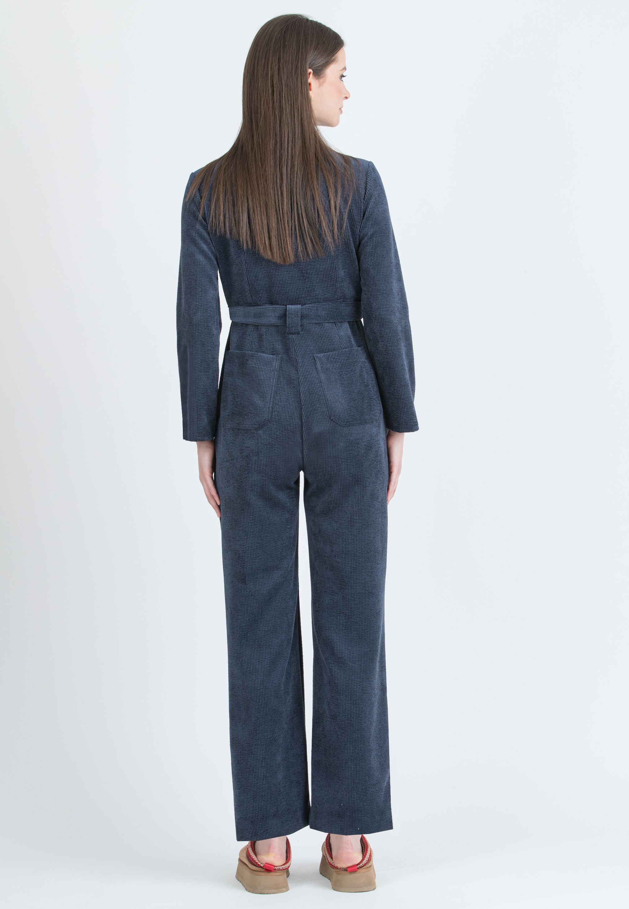 TORY – Maternity Corduroy Jumpsuit with Front Zip and Waist Belt (Blu)
