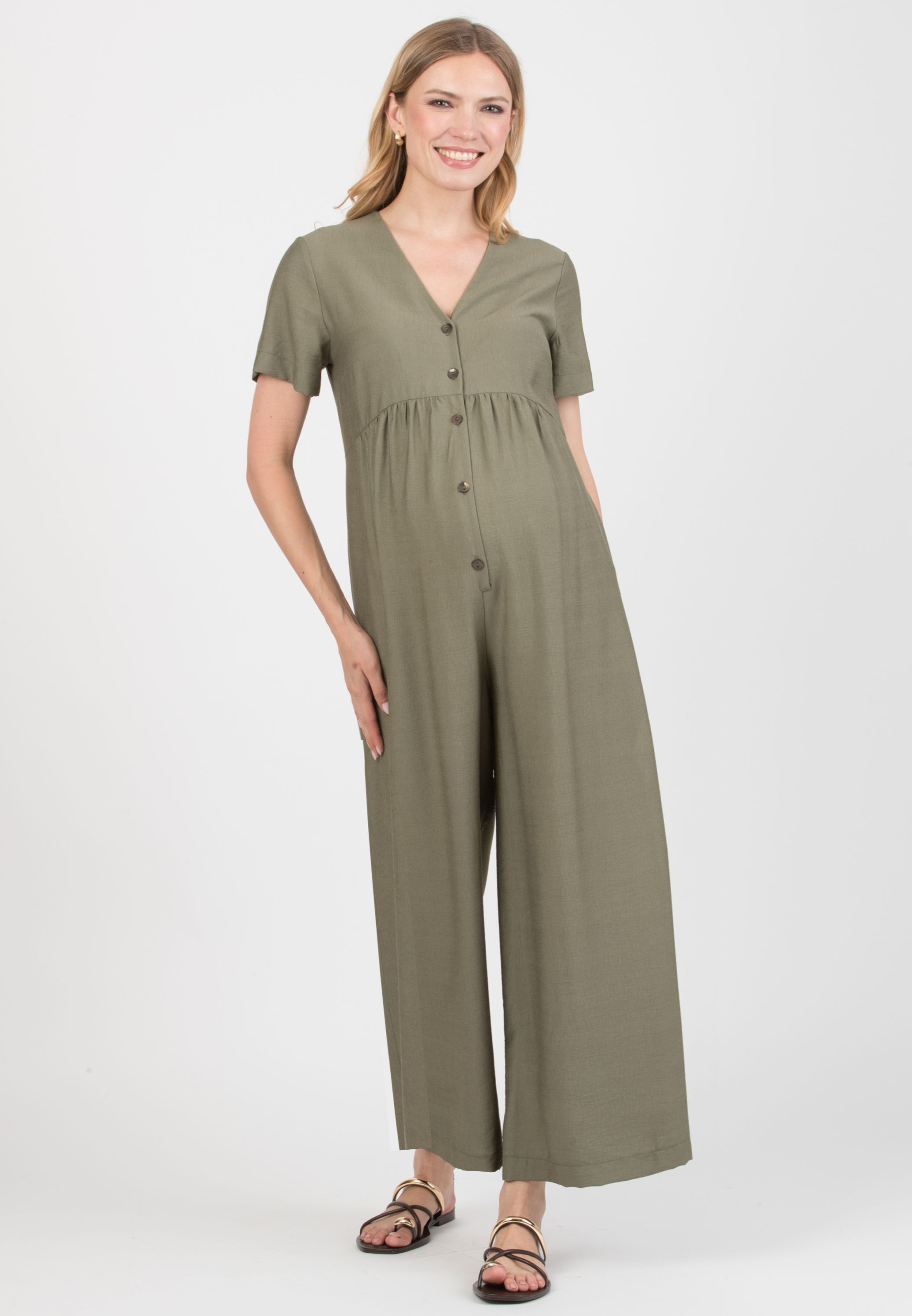 VIVIENNE - Maternity & Nursing Viscose Jumpsuit with Front Buttons (Verde Militare)