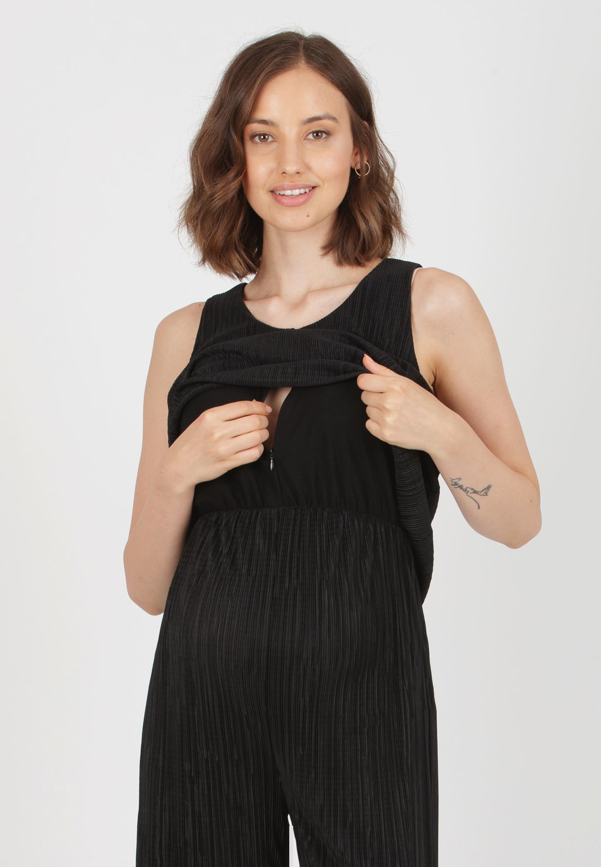 LIVIA - Tuta Premaman & Allattamento Plissè con Corpino Svasato (Nero, XS)